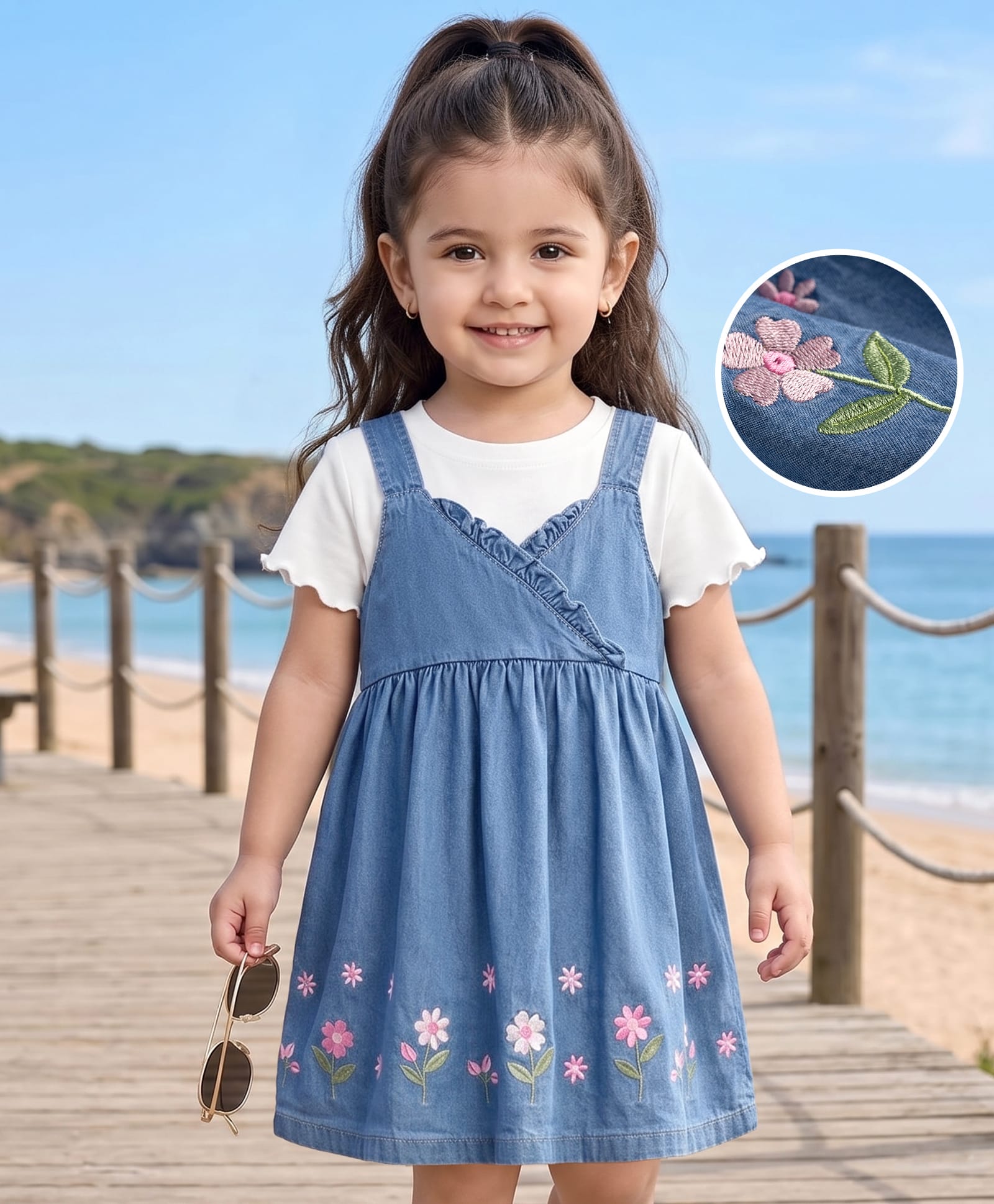 Babyhug Denim Woven Half Sleeves Floral Embroidered Frock With Inner Tee - Blue-image-22