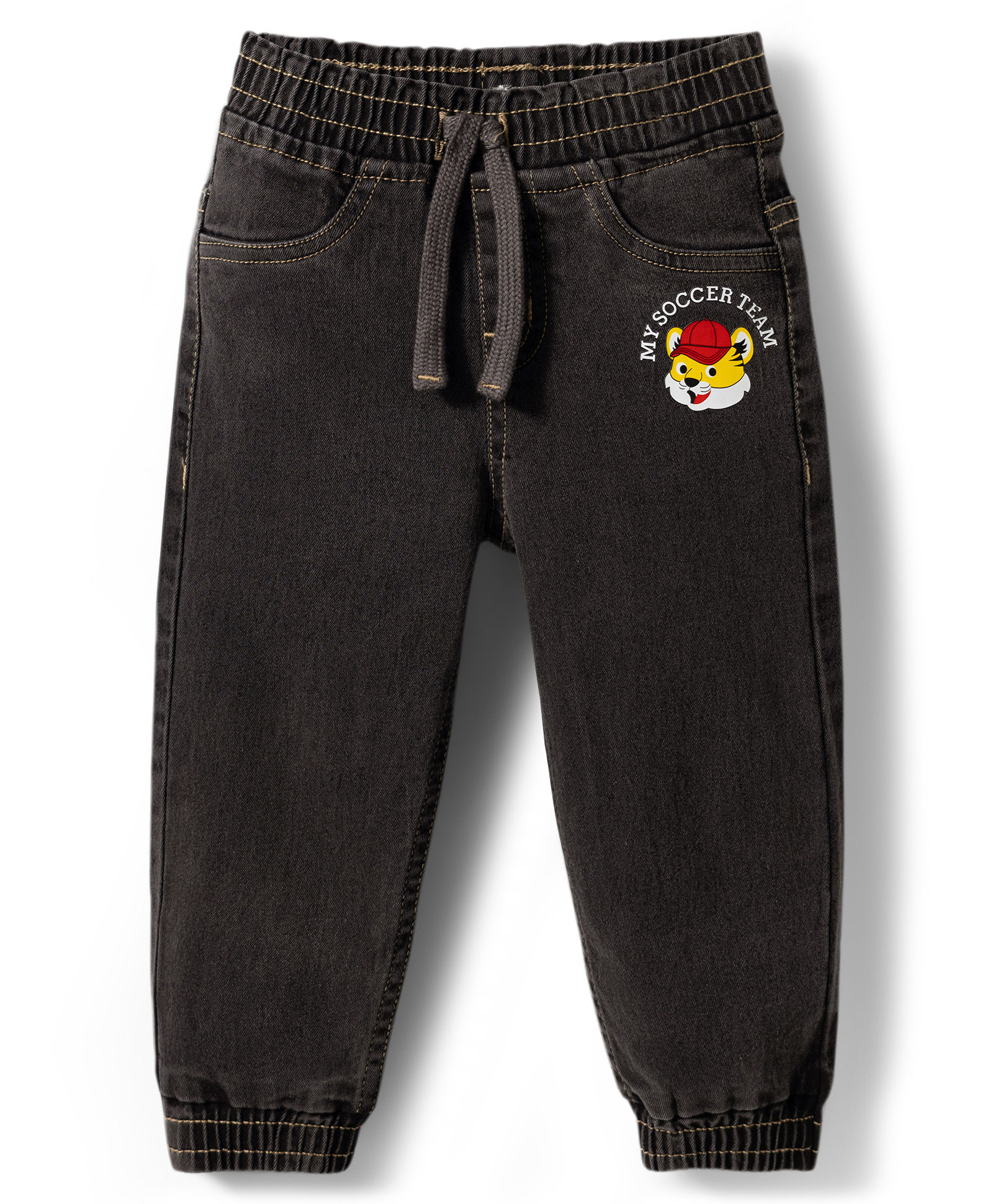 Babyhug Denim Washed Full Length Jeans With Stretch & Lion Print - Charcoal Grey-picture-20
