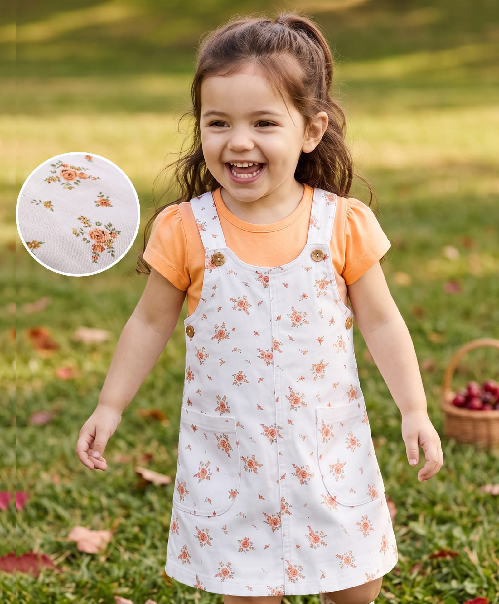 Babyhug Twill Woven Sleeveless Straight Cut Pinafore Frock & Half Sleeves T-Shirt With Floral Print - White-image-33