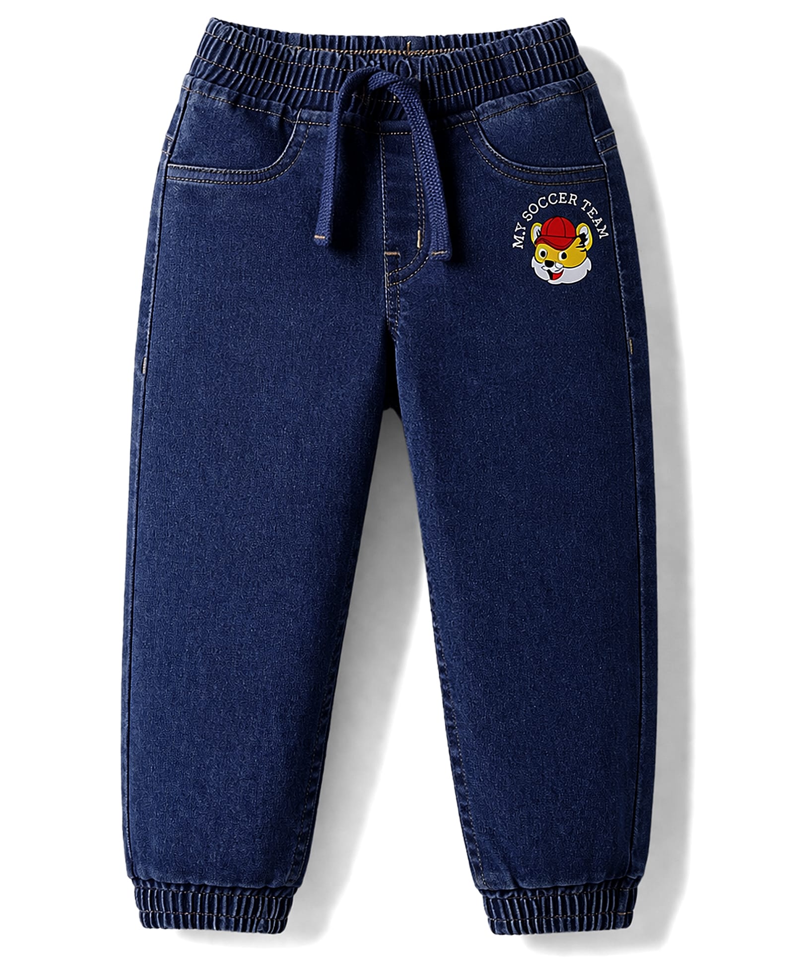 Babyhug Full Length Washed Denim Jeans with Tiger Print & Stretch - Navy Blue-picture-18