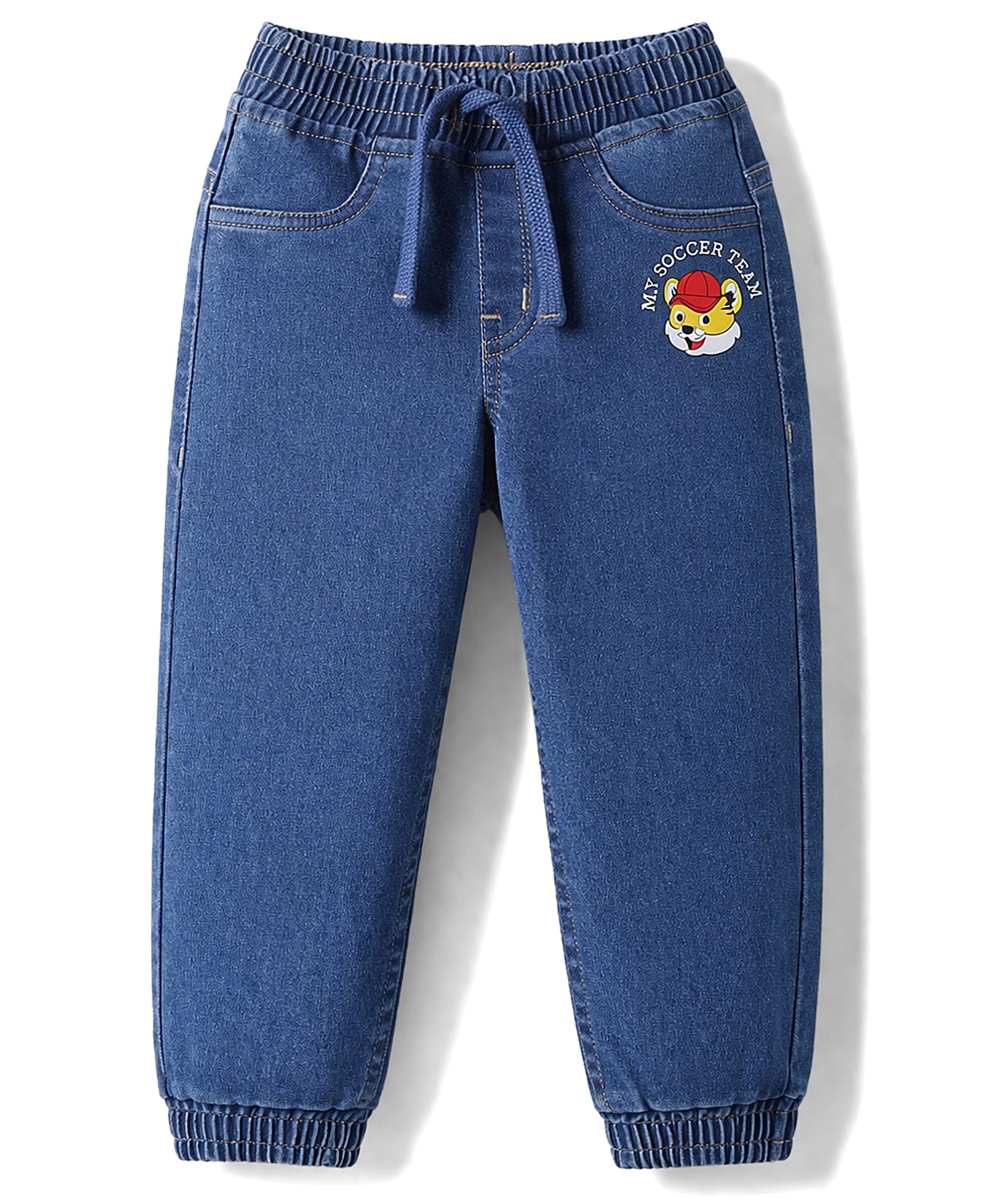 Babyhug Full Length Washed Denim Jeans with Tiger Print & Stretch - Blue-picture-18