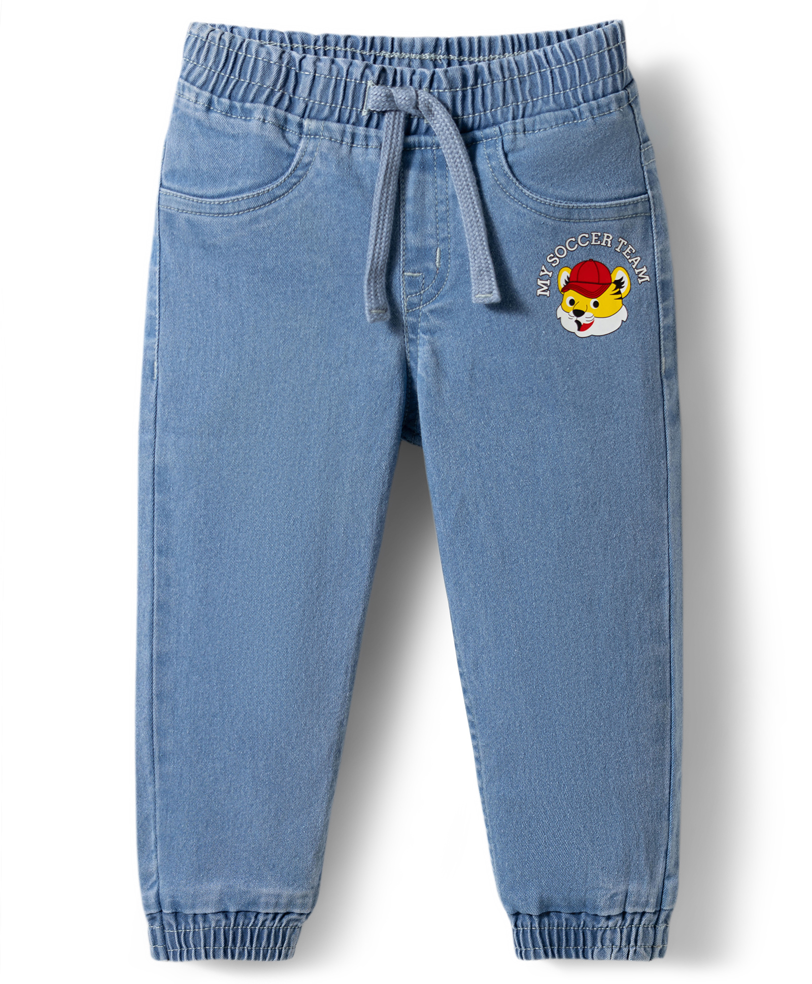 Babyhug Full Length Washed Denim Jeans with Tiger Print & Stretch - Light Blue-image-40