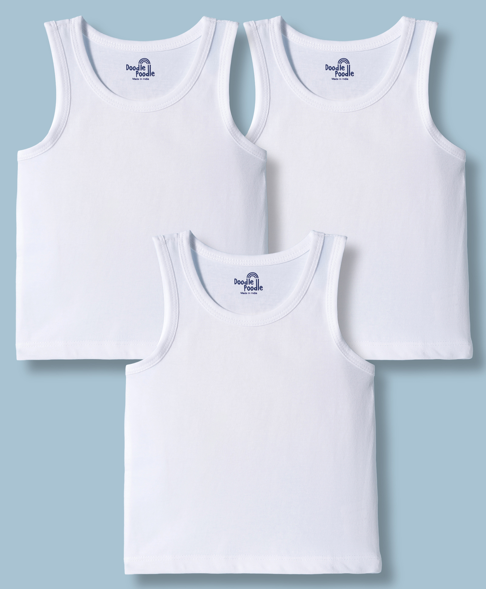 Doodle Poodle 100% Cotton Knit Sleeveless Solid Vests Pack of 3 - White-image-23