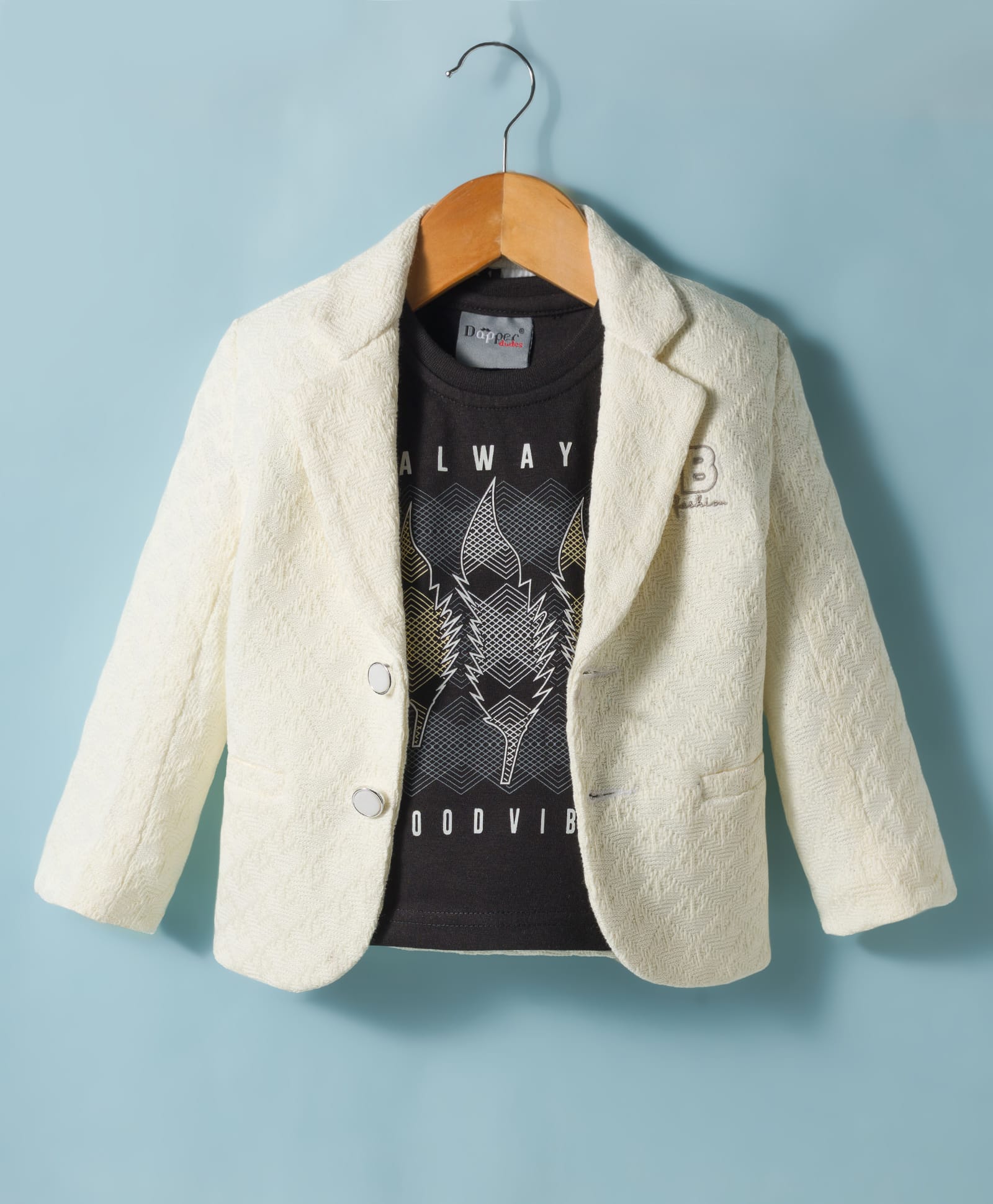 Dapper Dudes Woven Full Sleeves Blazer With Typographic Tee - Cream-picture-26