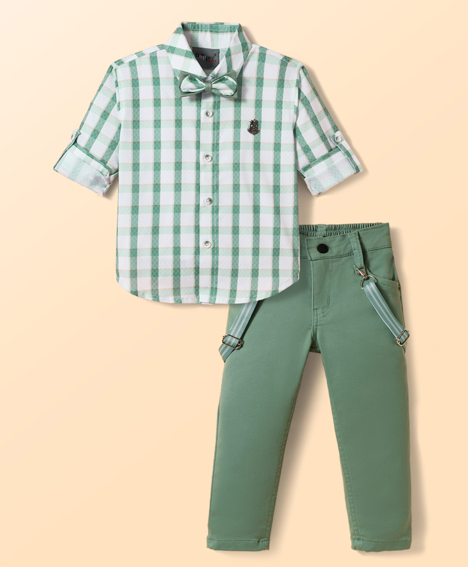 Dapper Dudes Woven Full Sleeves Checked Suspender Shirt With Bow & Trouser - Green-image-17