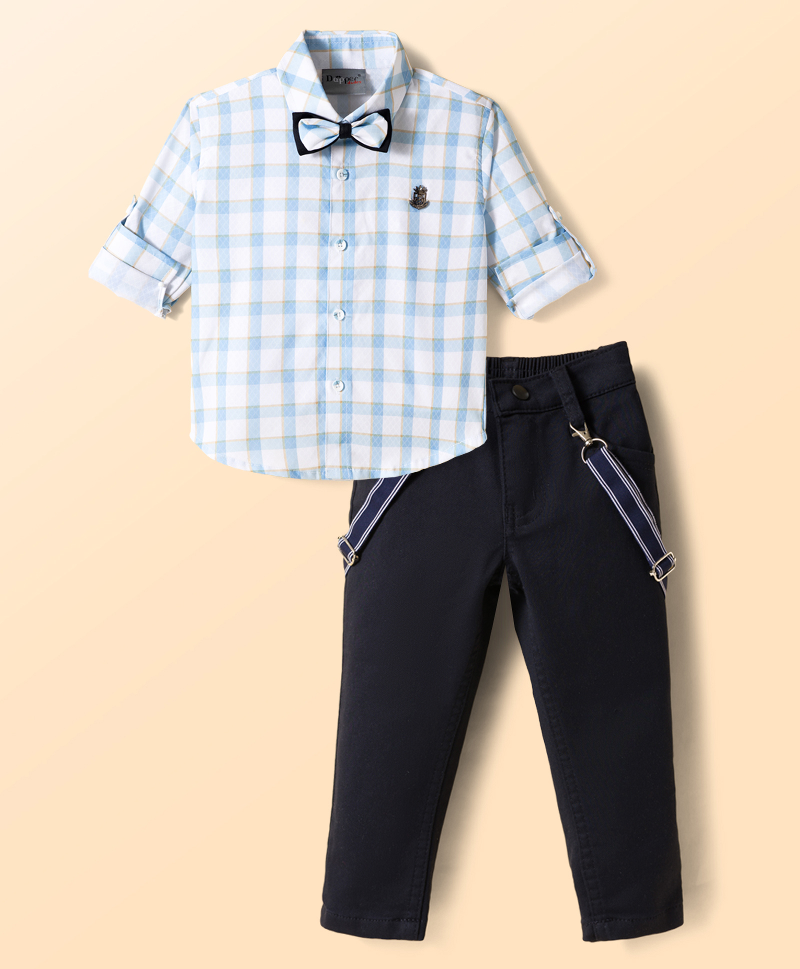 Dapper Dudes Woven Full Sleeves Checked Suspender Shirt With Bow & Trouser - Sky Blue-picture-23