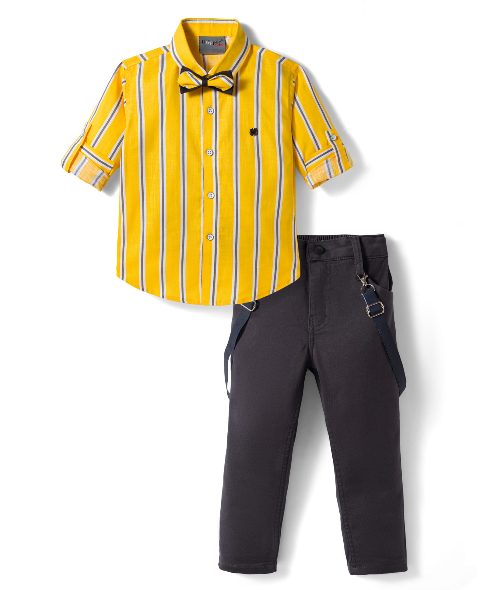 Dapper Dudes Woven Full Sleeves Striped Shirt & Trouser With Bow & Suspender - Yellow-image-21