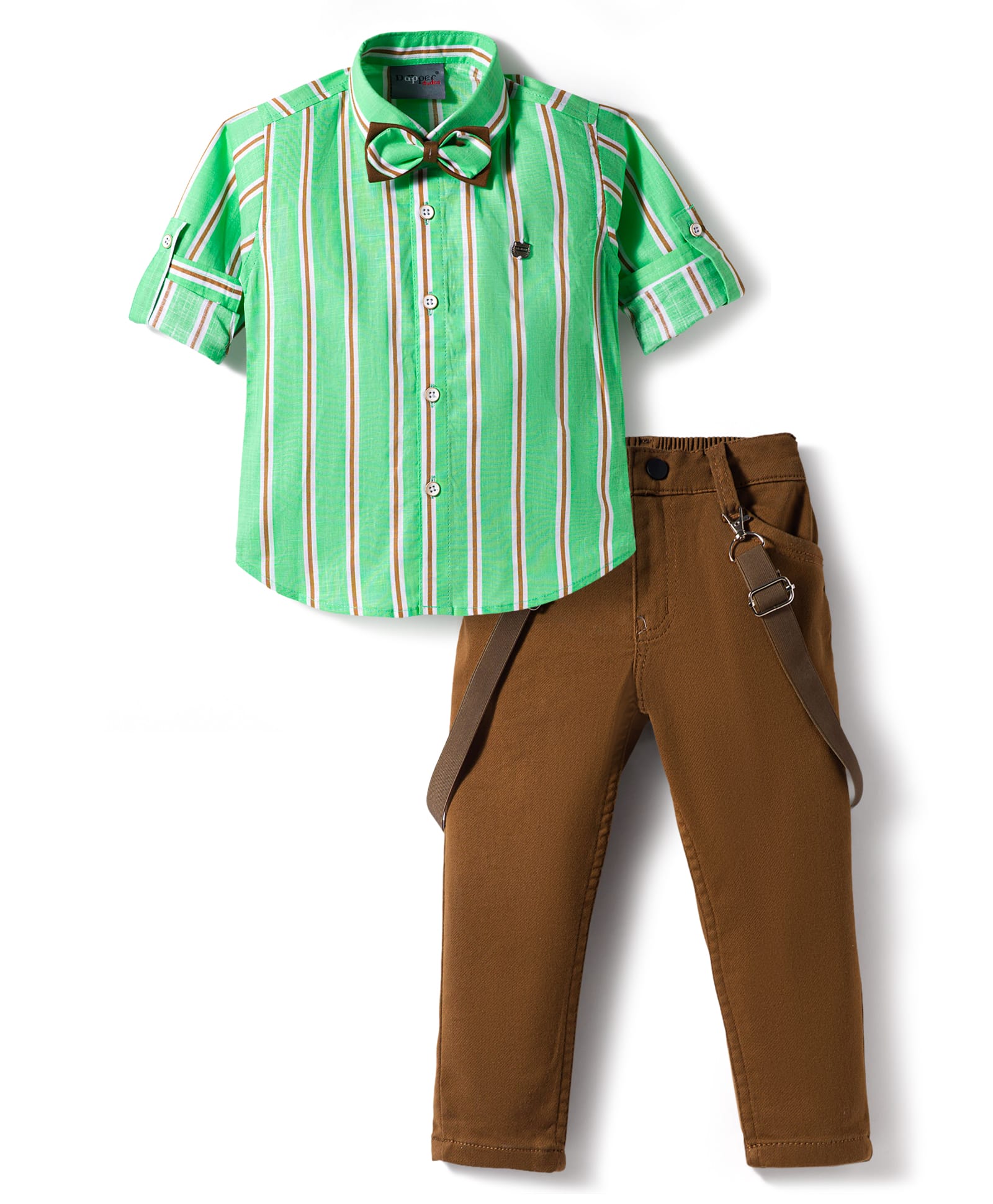 Dapper Dudes Woven Full Sleeves Striped Shirt & Trouser With Bow & Suspender - Green-picture-28