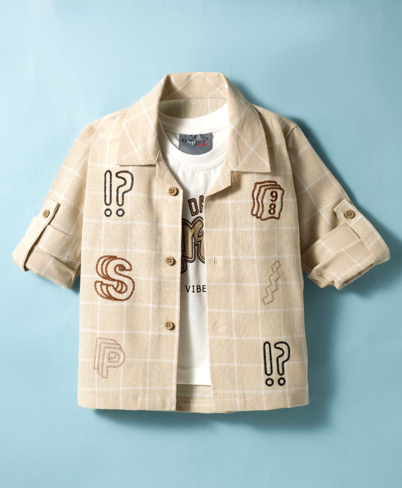 Dapper Dudes Woven Full Sleeves Checkered Shirt with Printed Inner Tee - Cream-image-12