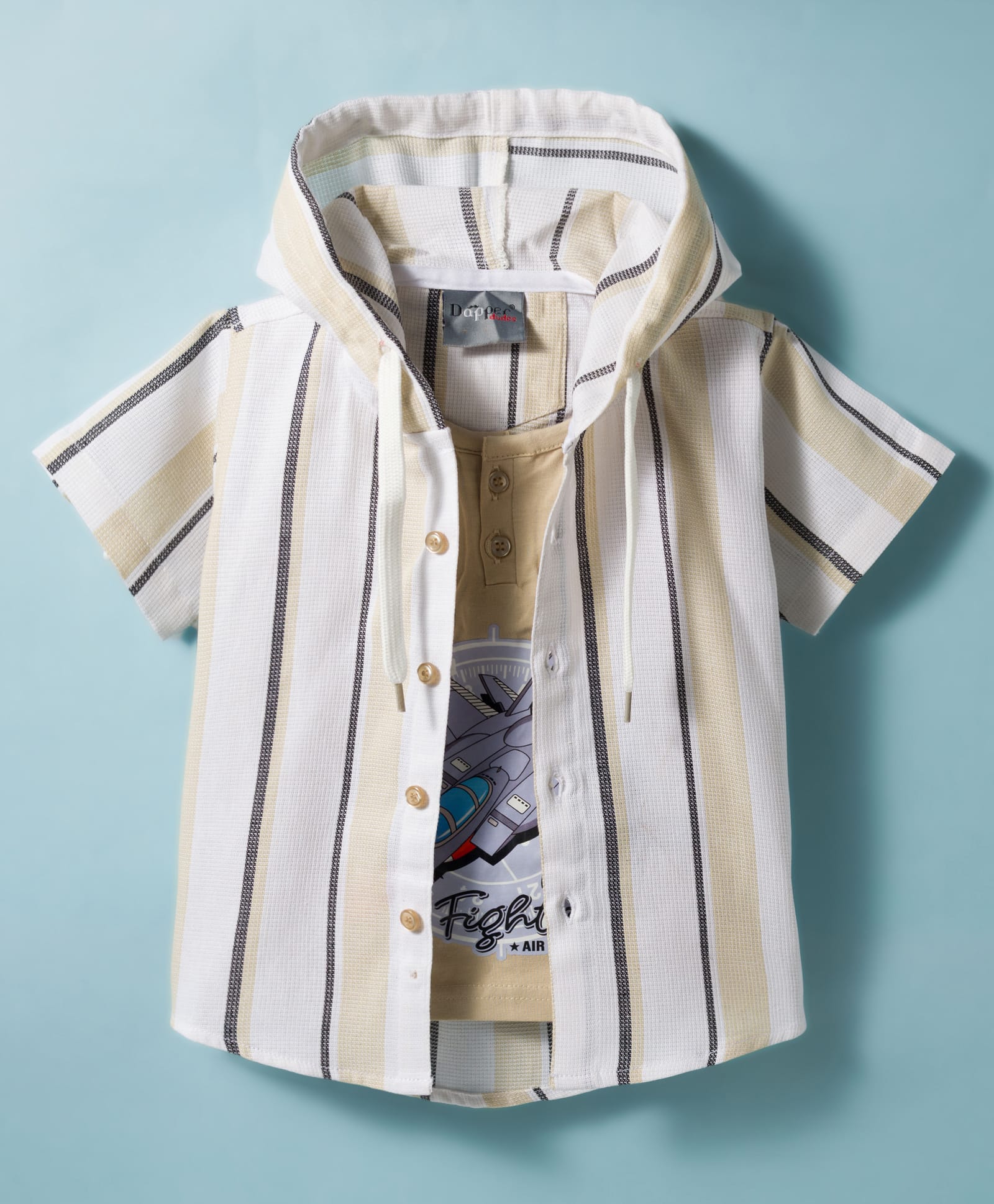 Dapper Dudes Woven Half Sleeves Striped Hooded Shirt with Inner Tee - Cream-picture-28