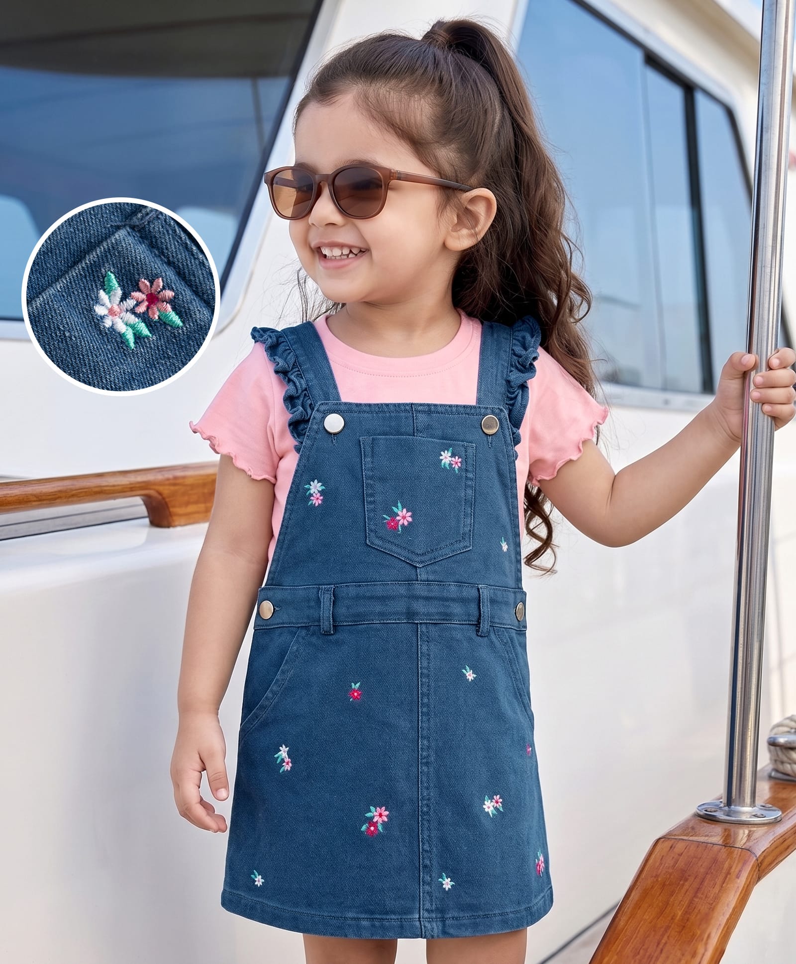 Babyhug Denim Woven Half Sleeves Floral Embroidered Frock With Inner Tee - Navy Blue & Pink-image-25