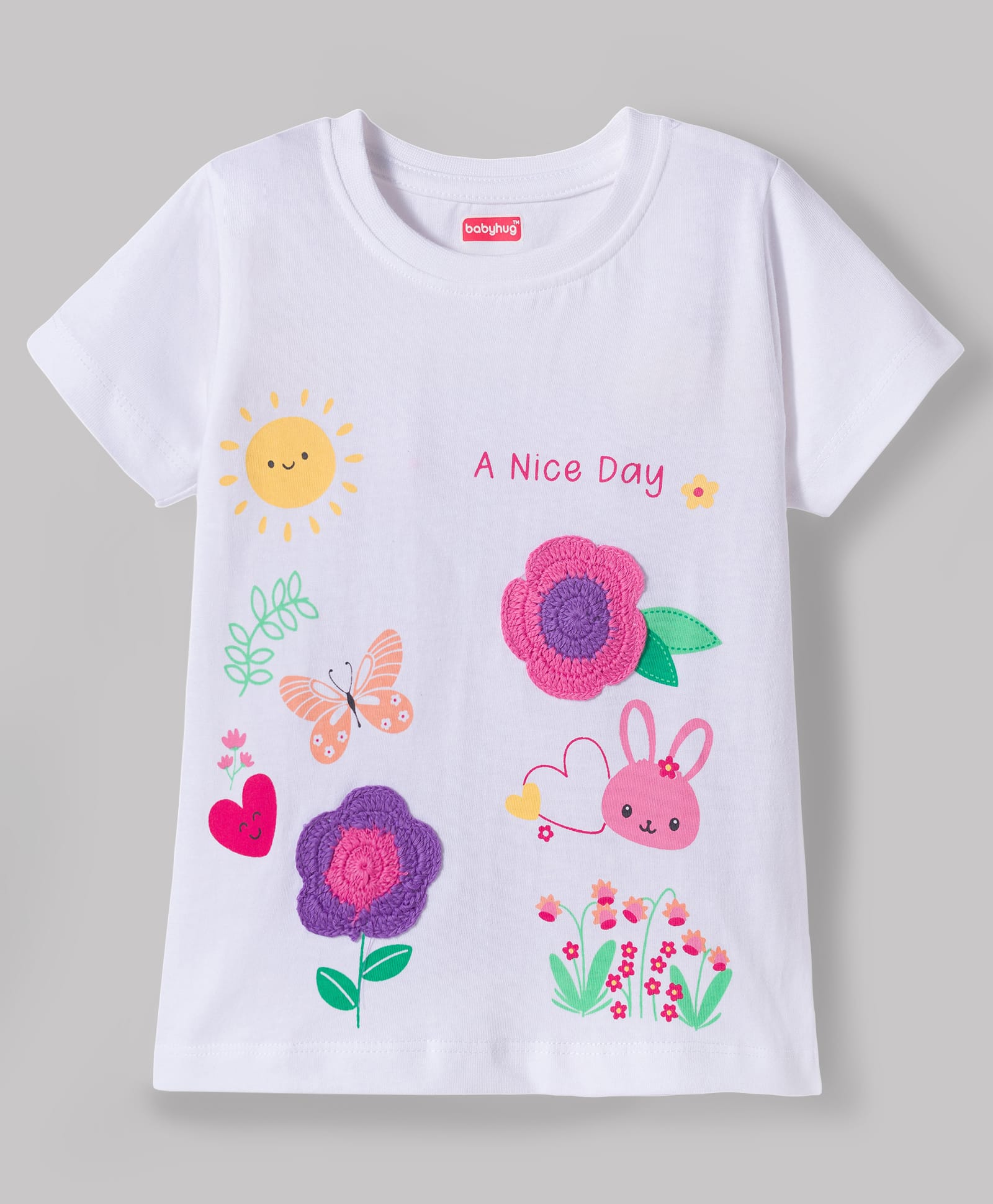 Babyhug Cotton Knit Half Sleeves T-Shirt With Butterfly Print & Floral Crochet Embroidery - Multicolor-image-20