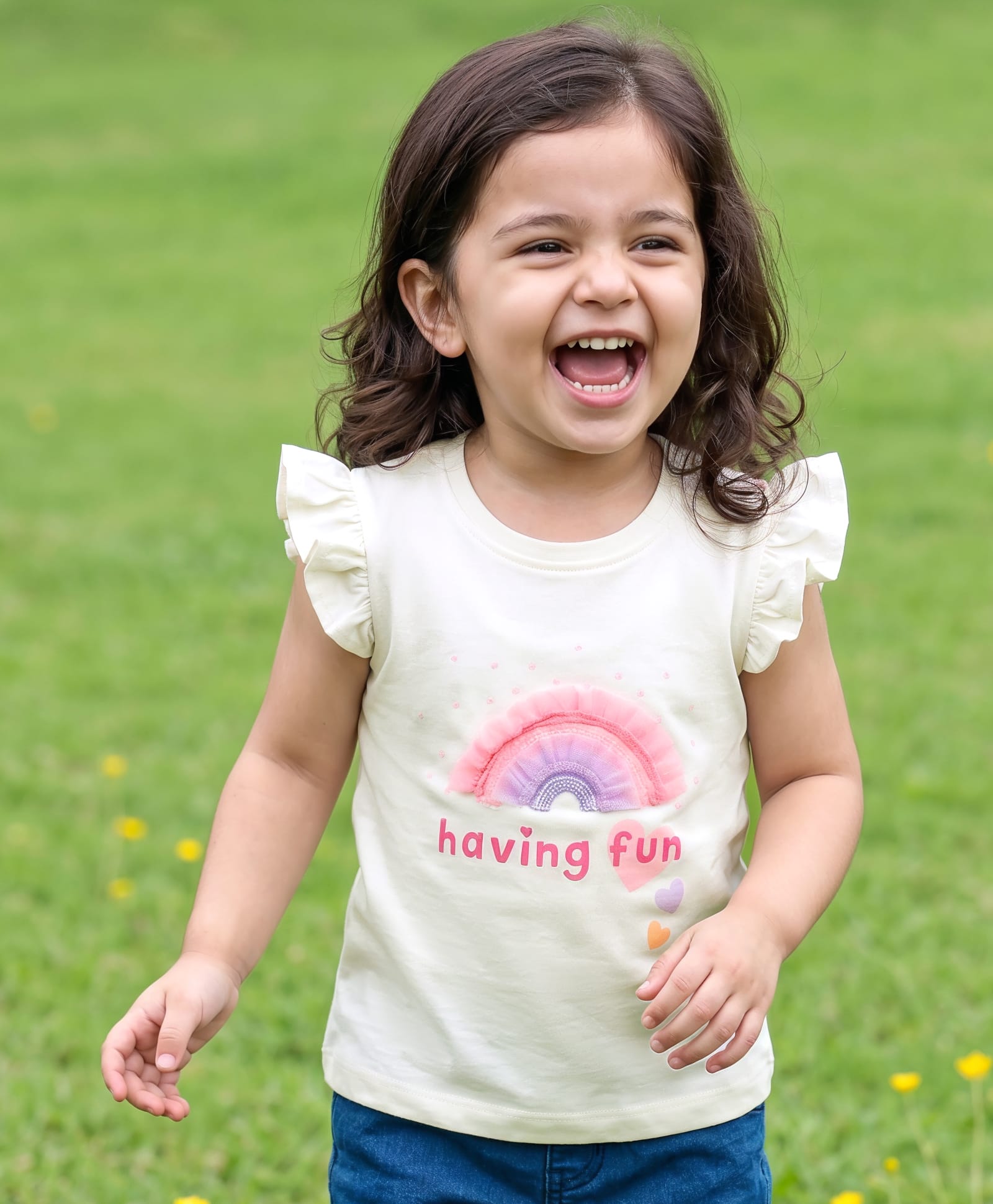 Babyhug Cotton Knit Frill Sleeves T-Shirt with Rainbow Detailing & Having Fun Print - Cream-image-12