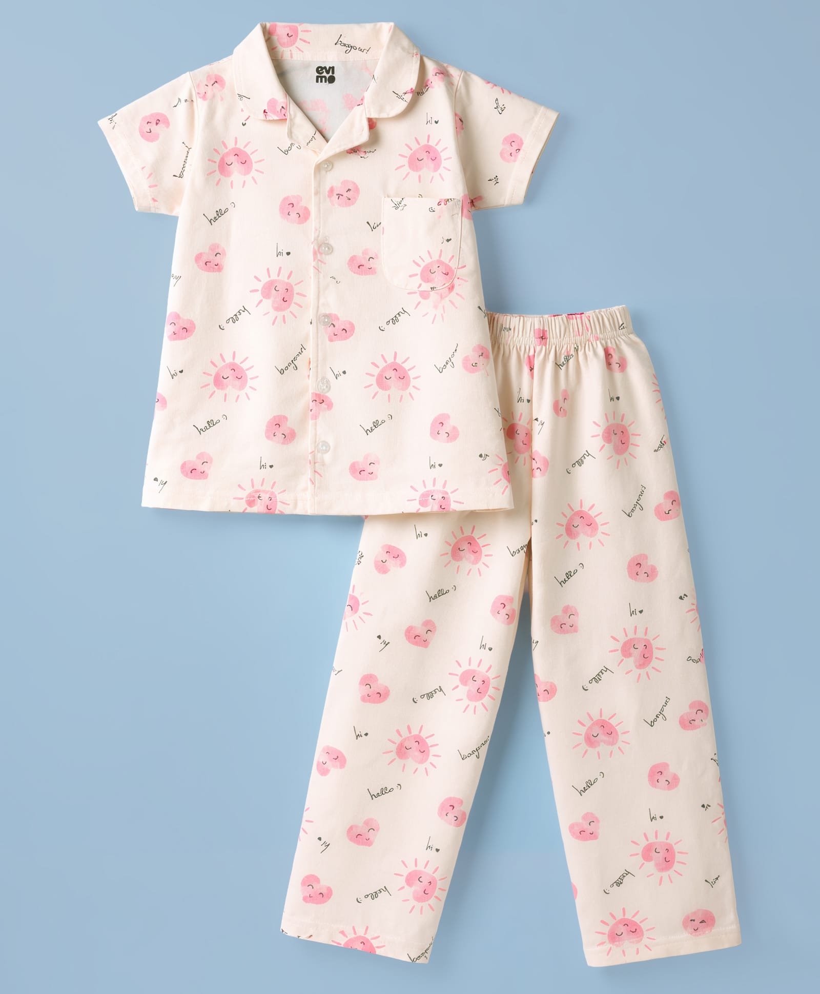 Evimo Single Jersey Knit Half Sleeves Hearts Printed Co-Ords Top & Pyjama Night Suit - Cream-picture-40