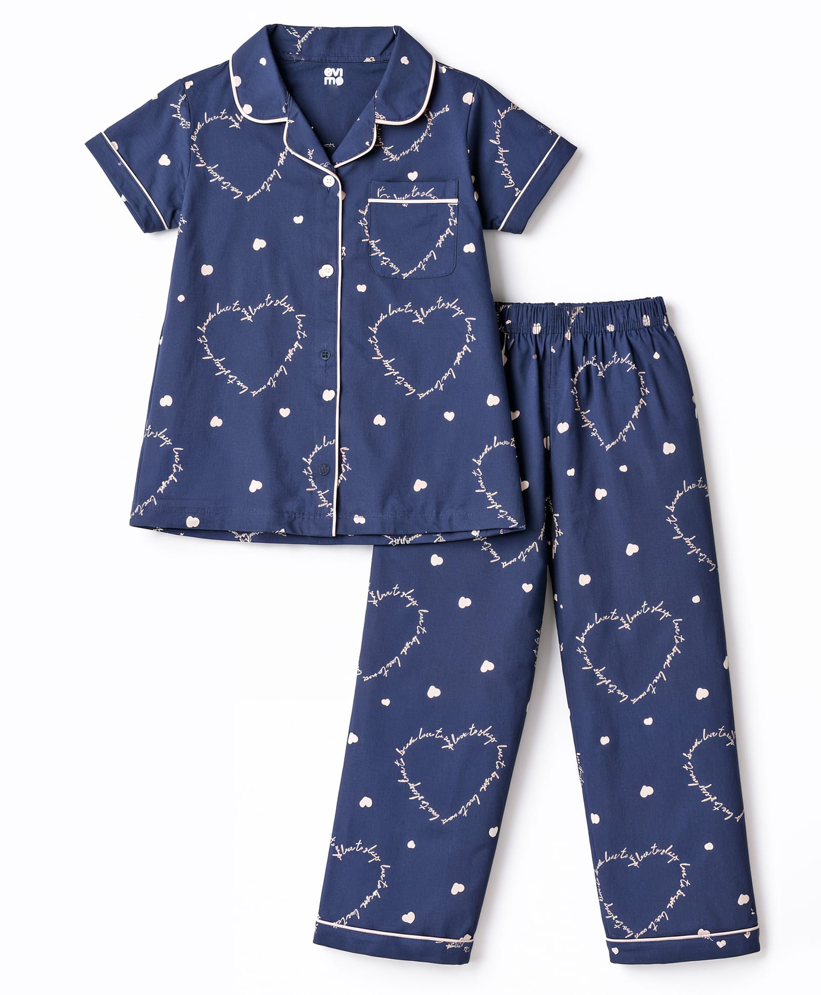Evimo Single Jersey Knit Half Sleeves Hearts Printed Co-Ords Top & Pyjama Night Suit - Navy Blue-picture-4