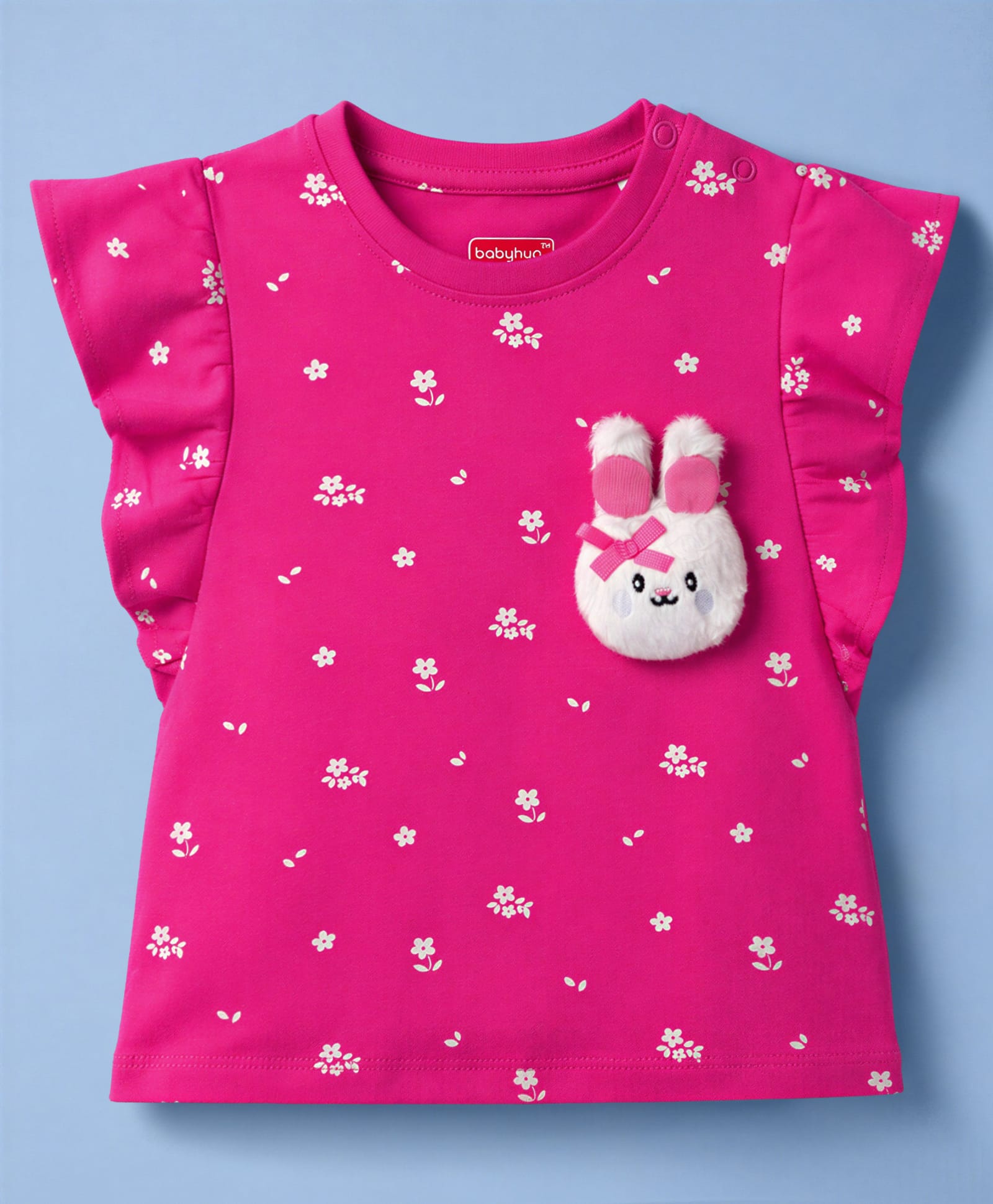 Babyhug Knit Half Sleeves Floral Printed T-Shirt With Bunny Applique - Dark Pink-image-33