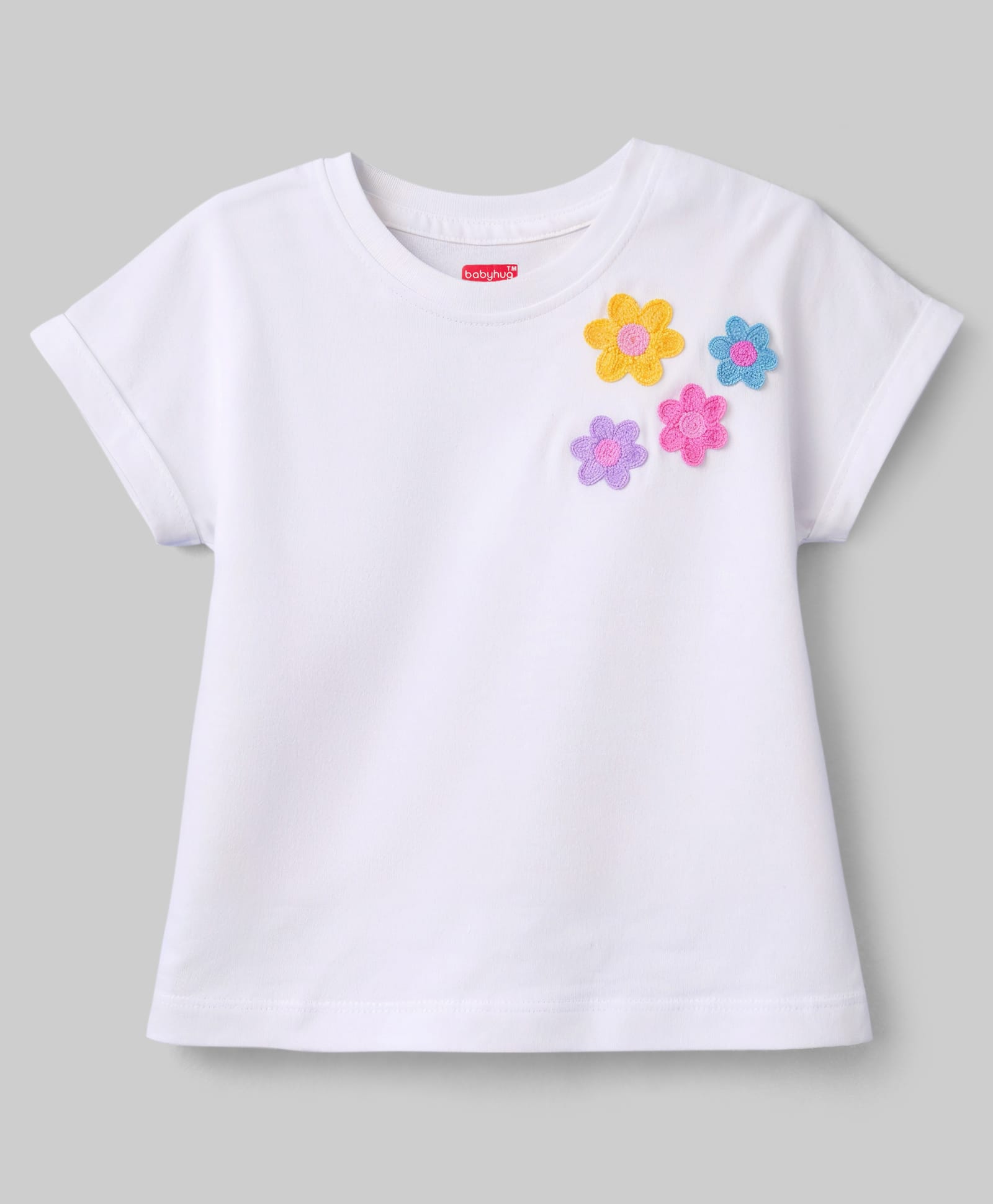 Babyhug Cotton Knit Half Sleeves T-Shirt With Crochet Flowers Print - Multicolor-picture-18