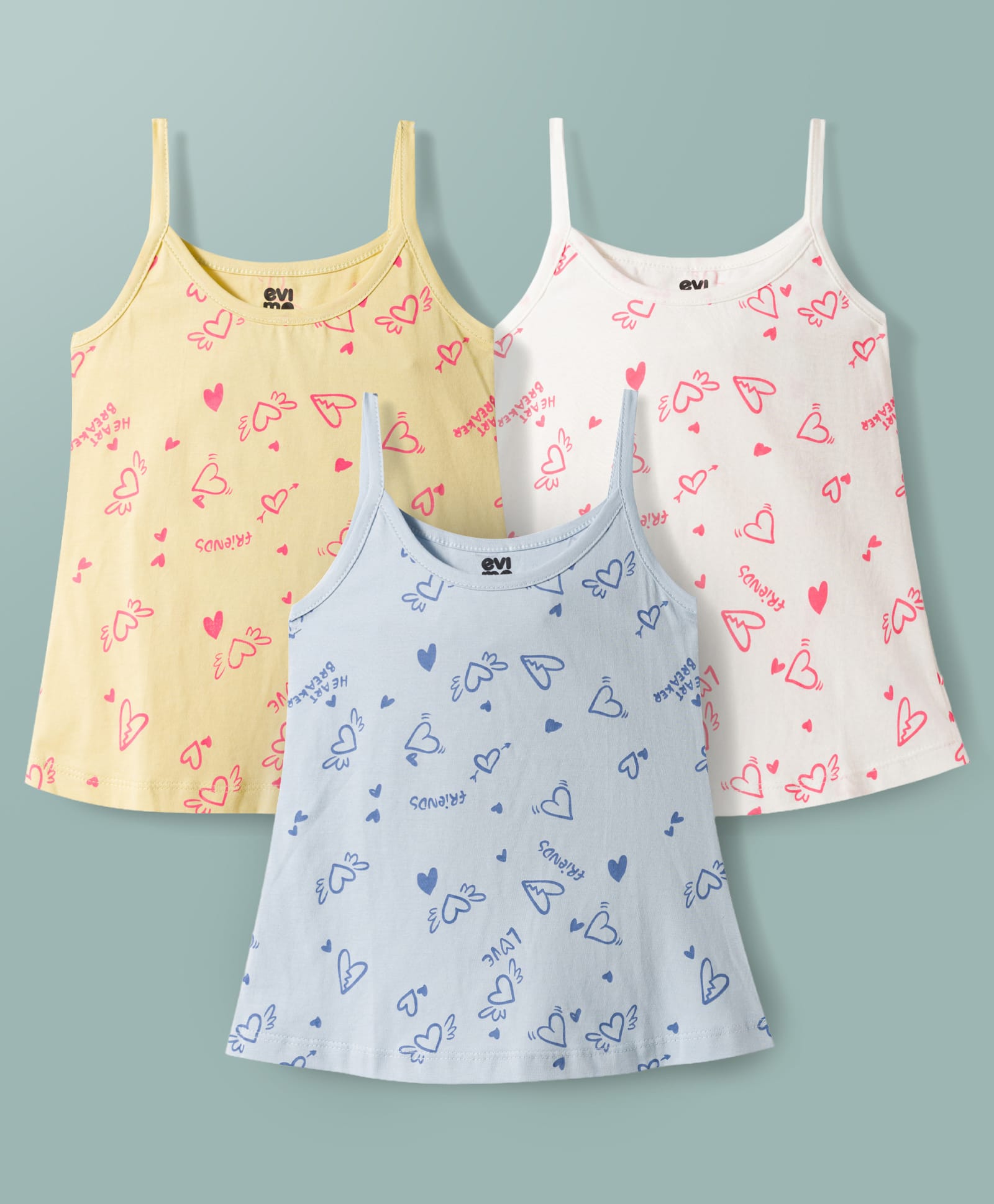 Evimo Single Jersey Knit Sleeveless Slips With Heart Print Pack of 3 - Blue Cream & Green-picture-23