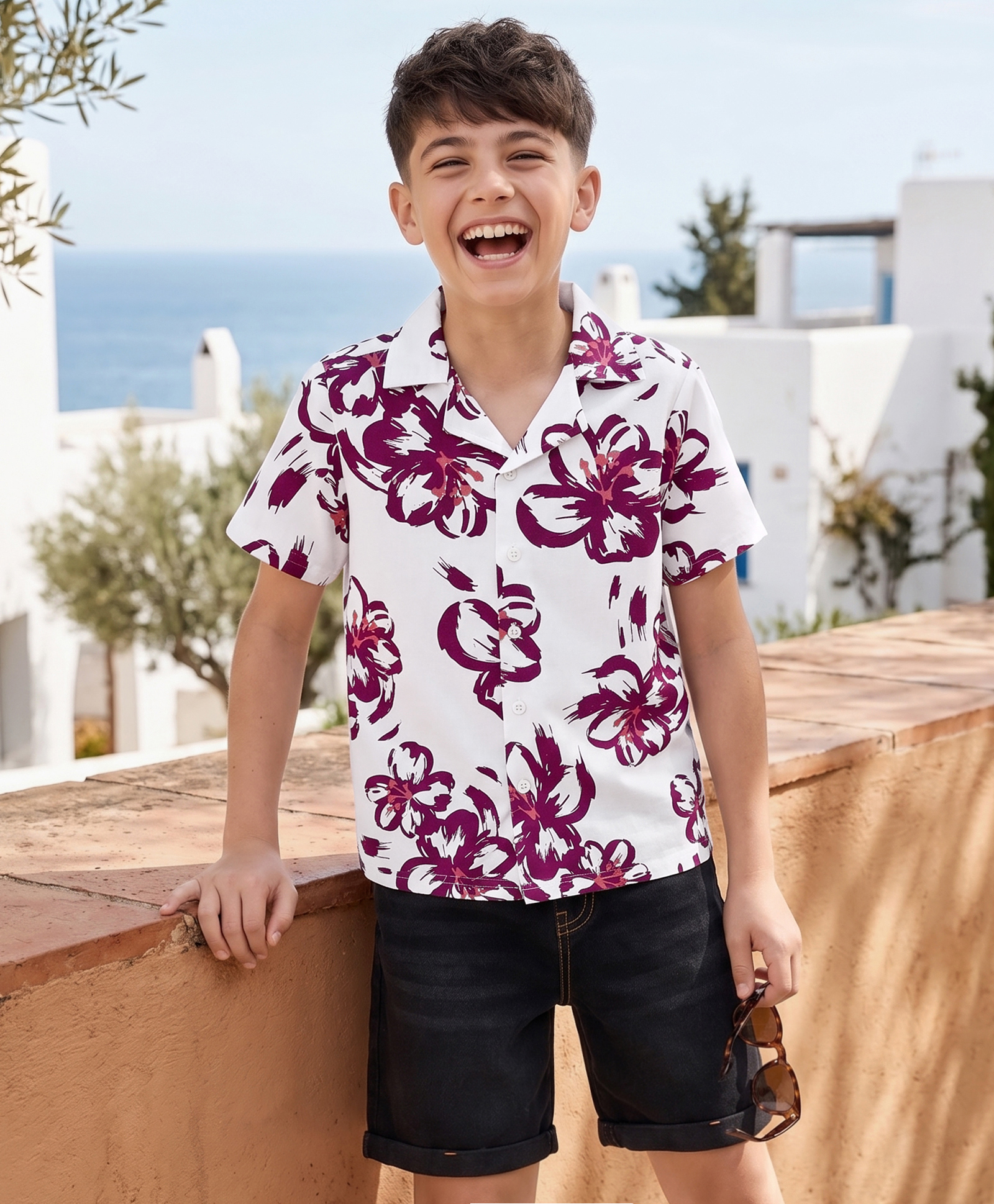 OLLINGTON ST. Sinker Denim Knit Half Sleeves Shirt & Shorts Set With Floral Print - Black & White-picture-35