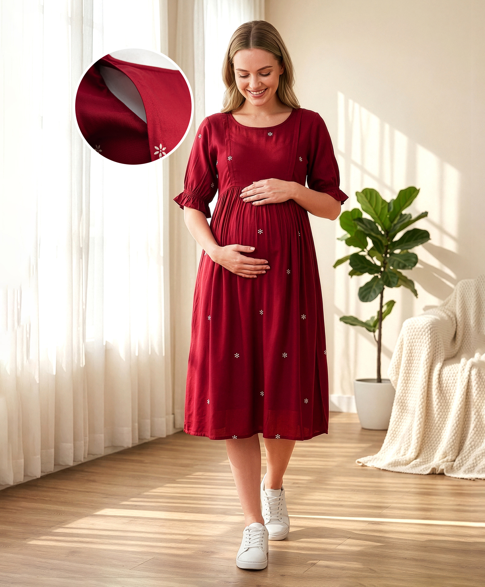 Bella Mama Woven Half Sleeves Floral Printed Maternity Dress - Maroon