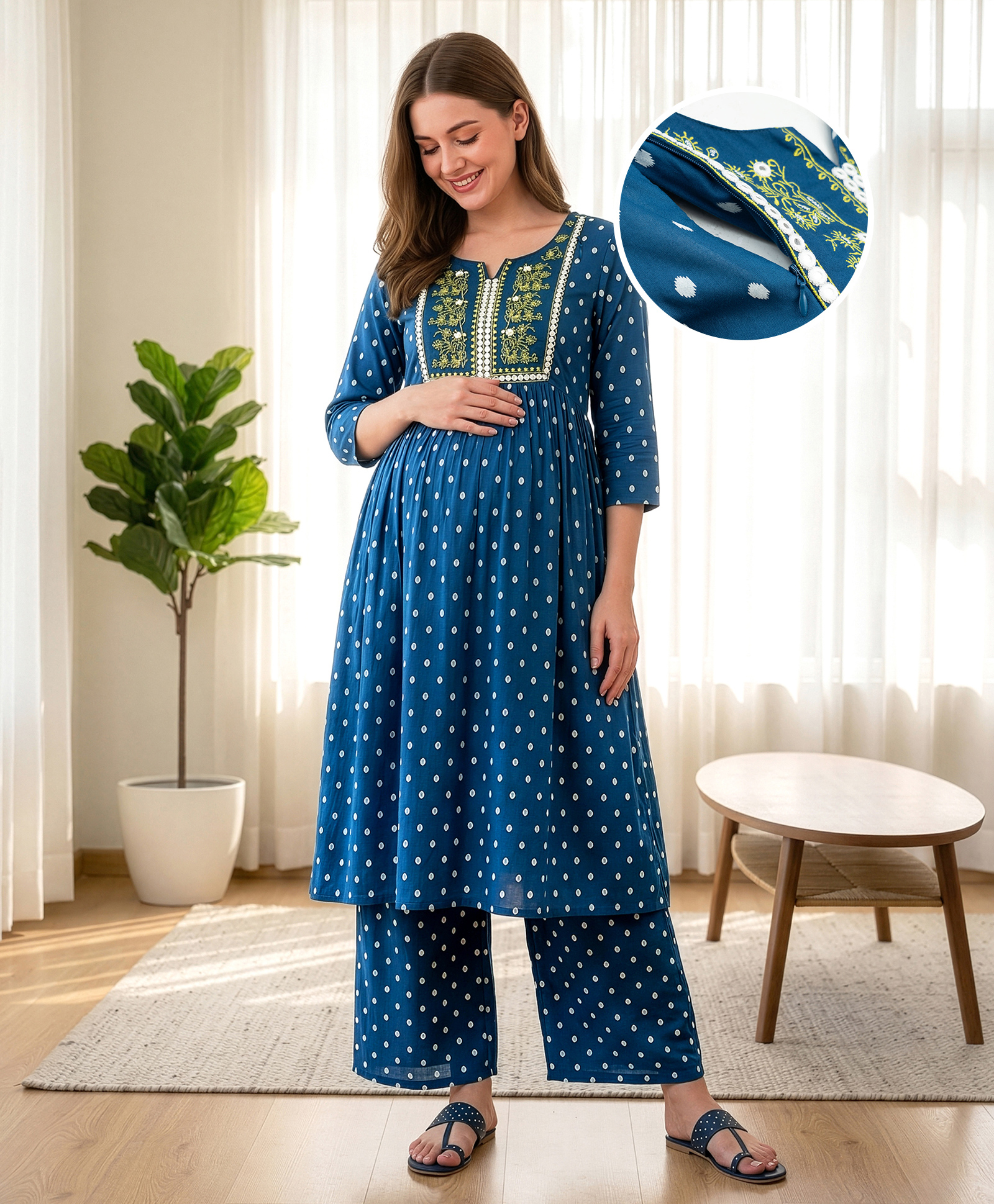 Bella Mama Woven Three Fourth Sleeves Maternity Suit Set With Floral Embroidered Yoke - Teal Blue-picture-49