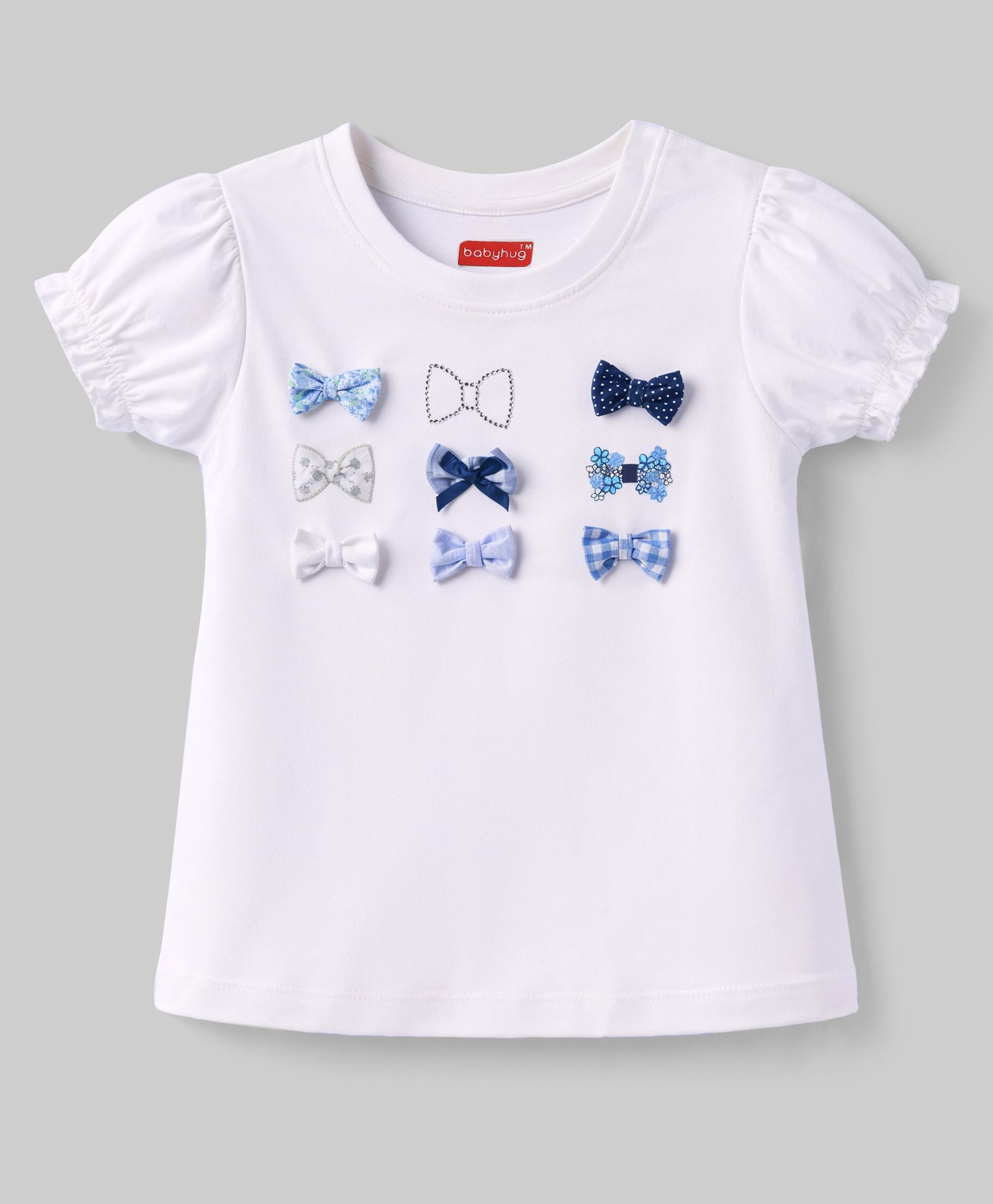 Babyhug Cotton Knit Half Puffed Sleeves T-Shirt with Bow Applique - White-image-38