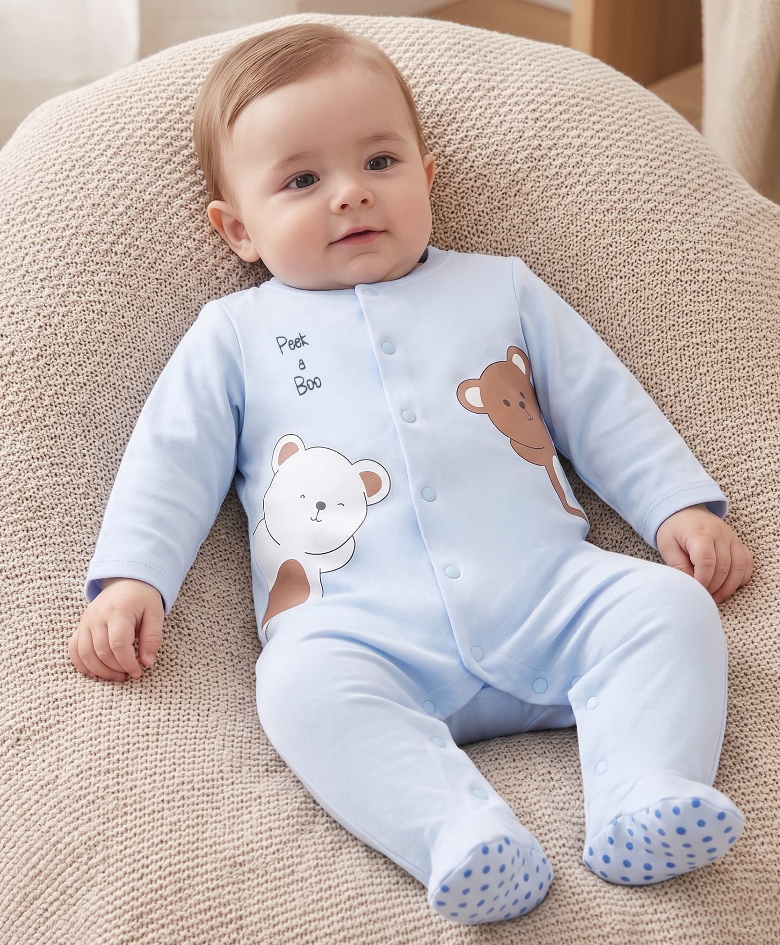 Babyoye Interlock Knit Full Sleeves Bear Printed Footed Slepsuit - Light Blue-picture-33