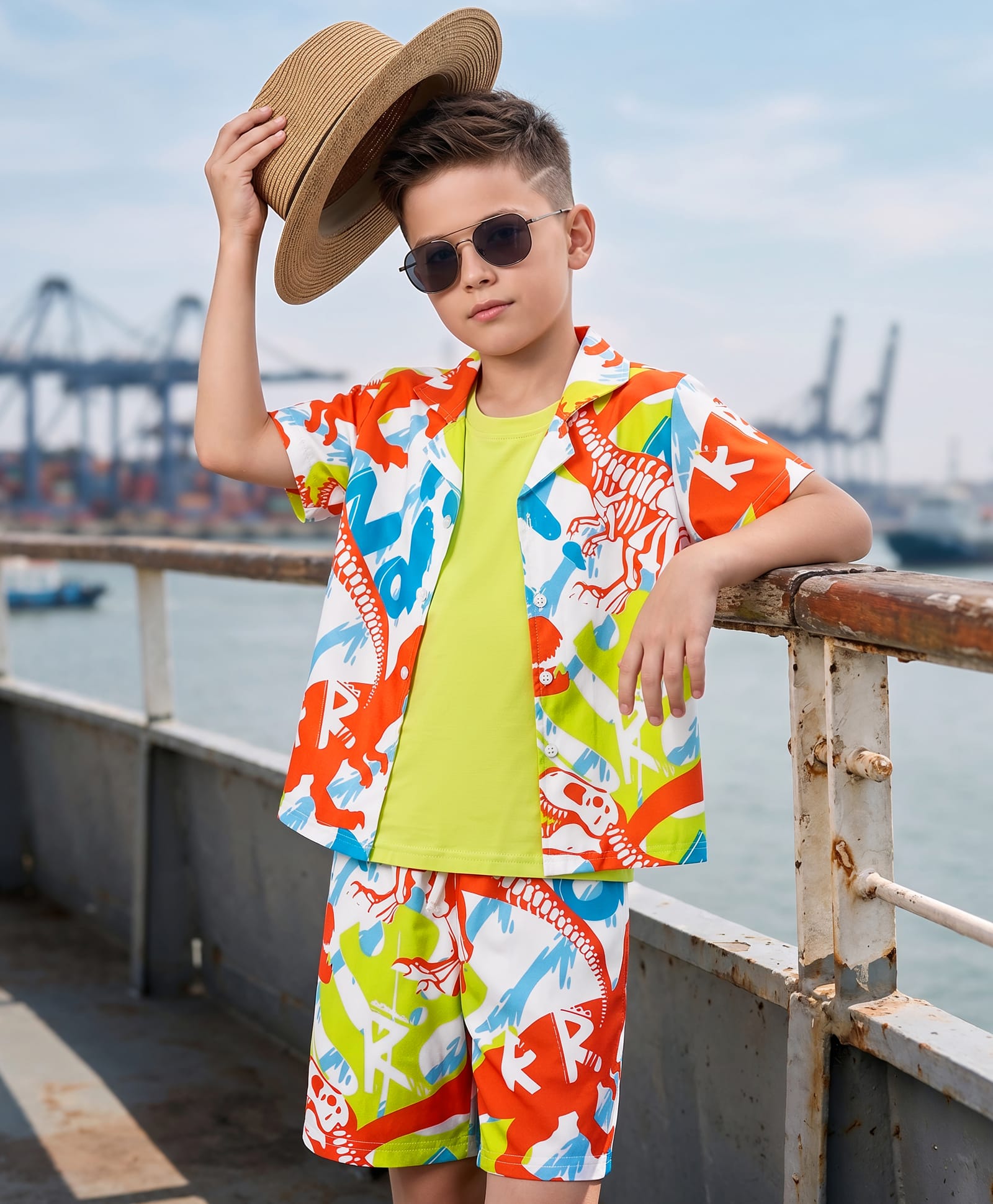 OLLINGTON ST. Sinker Knit Half Sleeves Shirt & Shorts Dino Printed Co-Ord Set With T-Shirt - Multicolor-image-32