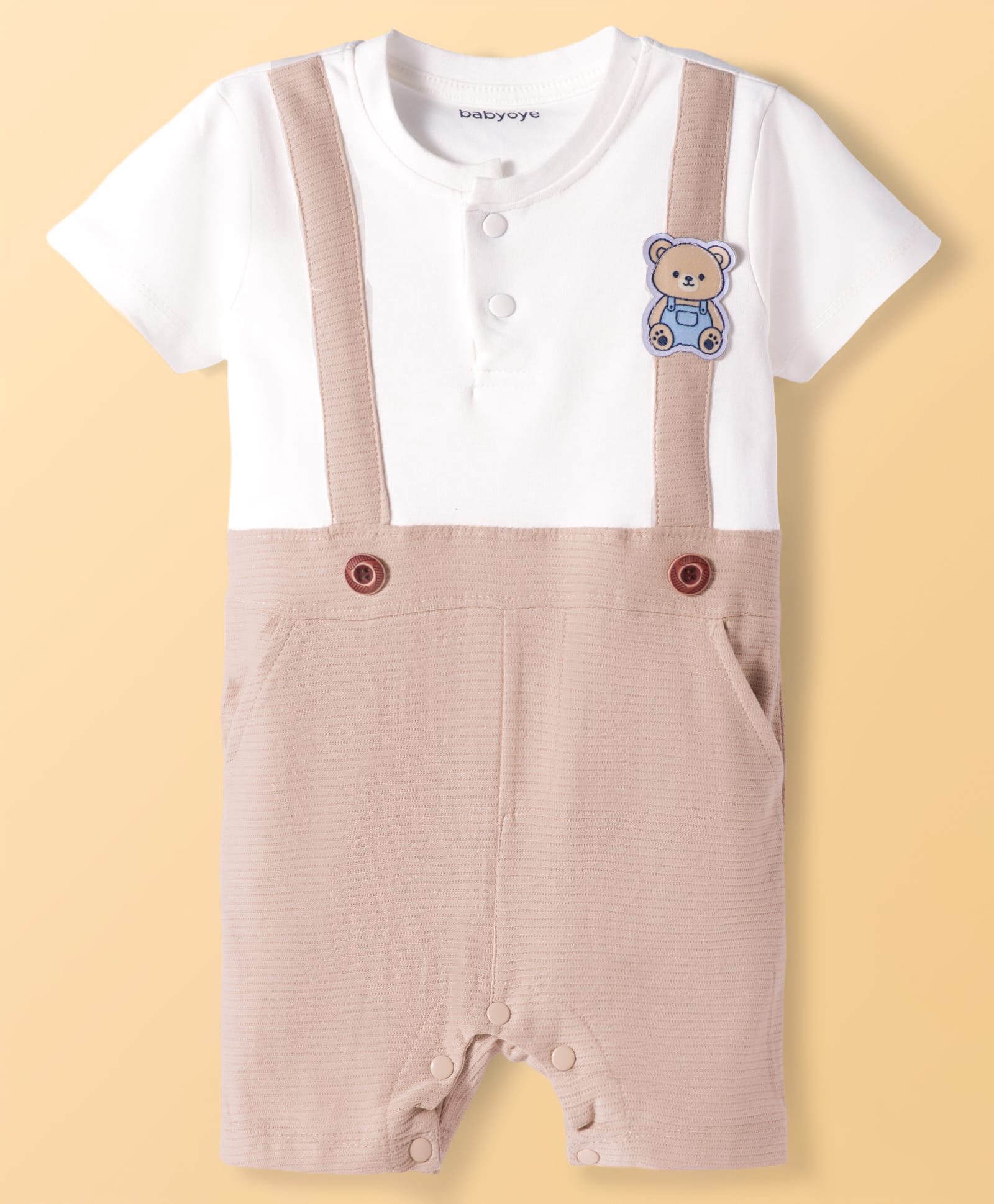 Babyoye 100% Cotton Knit Half Sleeves Romper with Bear Patch - Cream & White-image-19