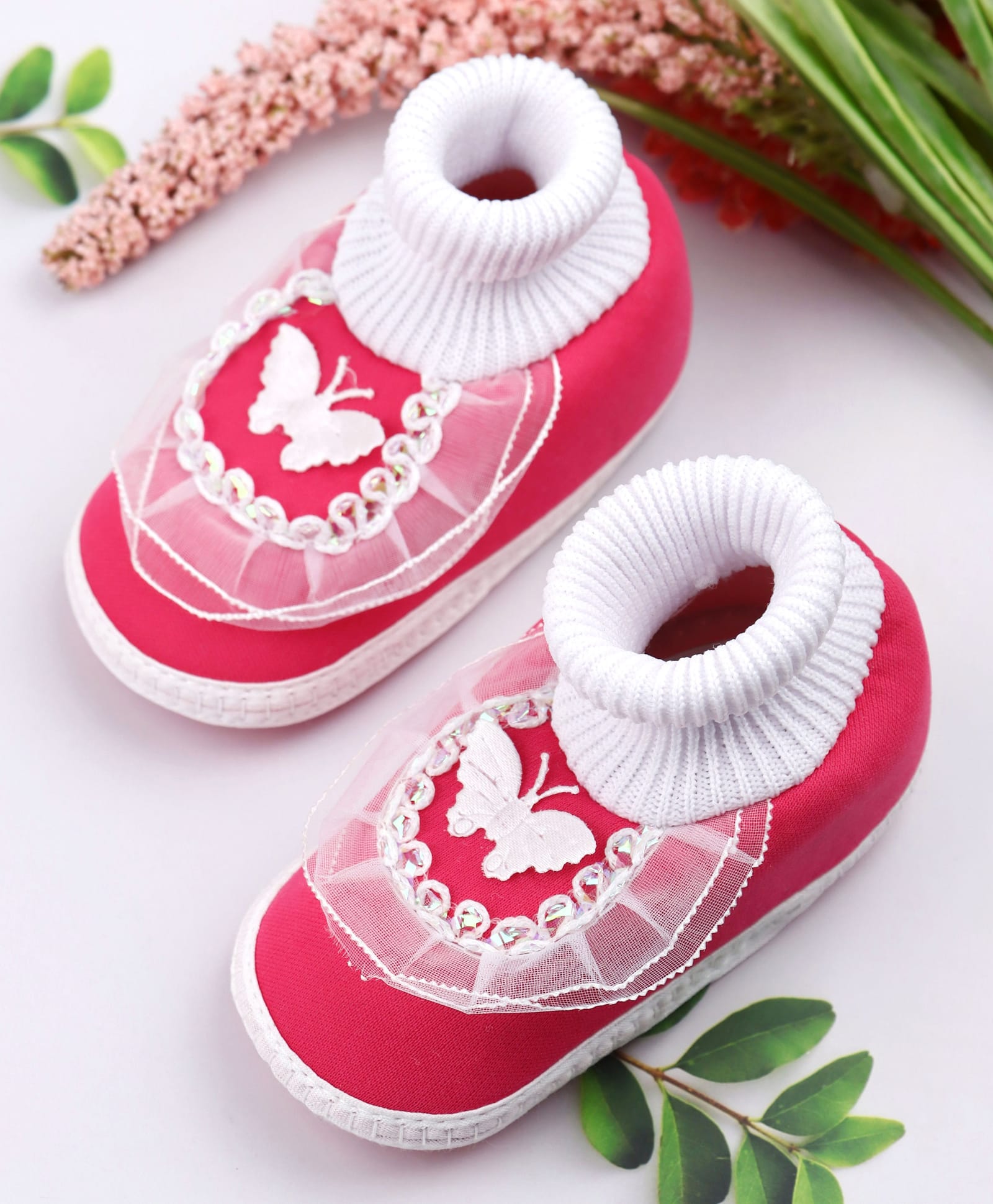 KIDSUN Butterfly Applique Detailed & Lace Embellished Booties - Dark Pink-image-2