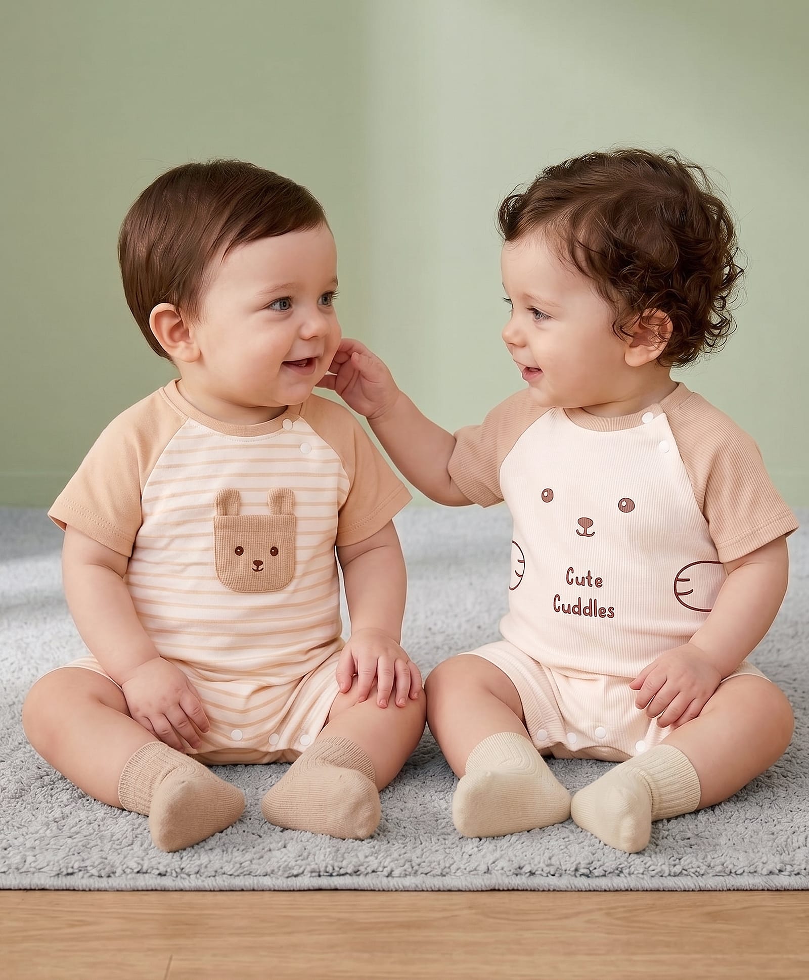 Babyoye 100% Cotton Woven Half Raglan Sleeves Rompers with Animal Print & Patch Pack of 2 - Cream & Tan-image-26