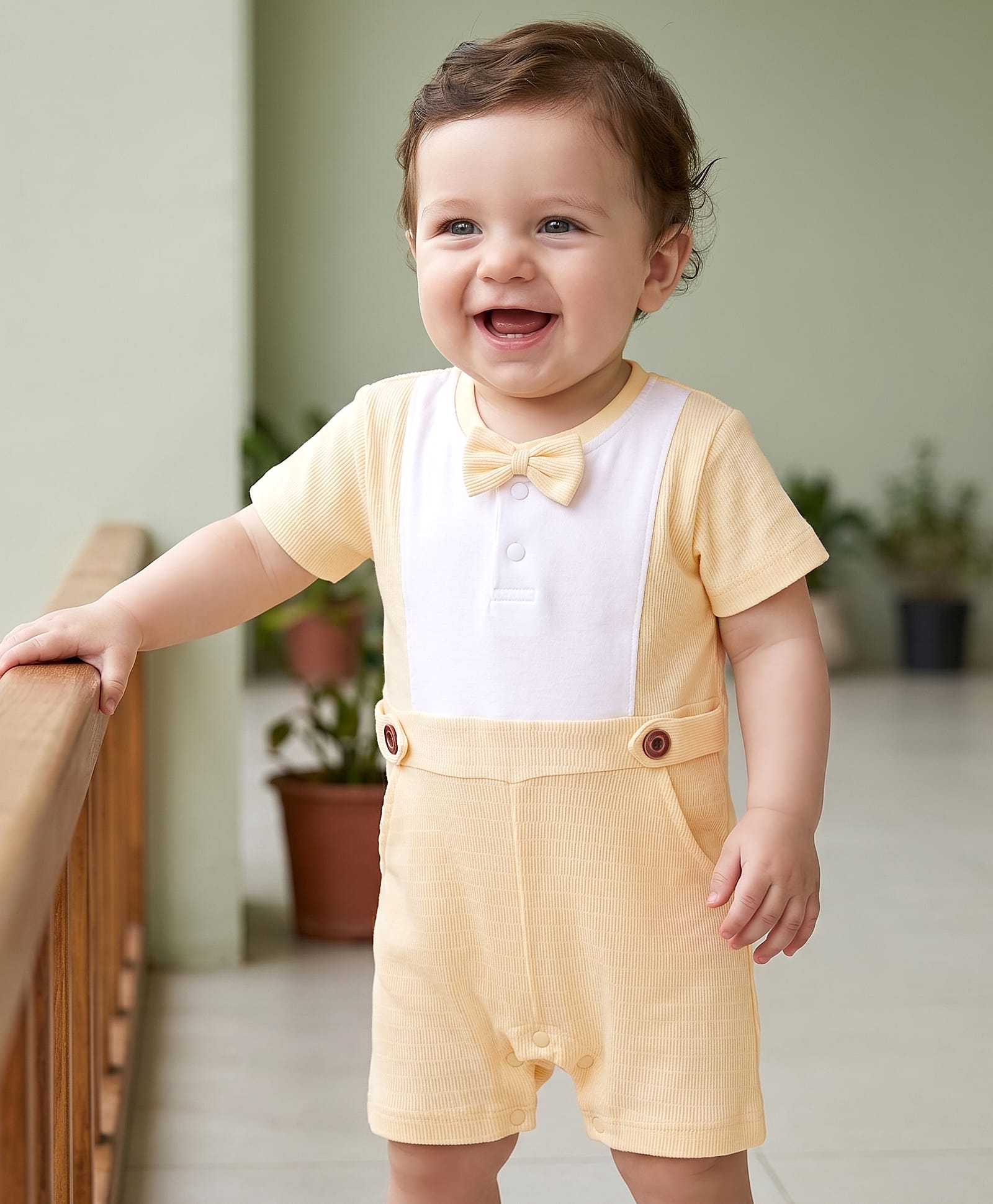 Babyoye 100% Cotton Knit Half Sleeves Solid Color Romper with Bow Applique - Cream-image-36