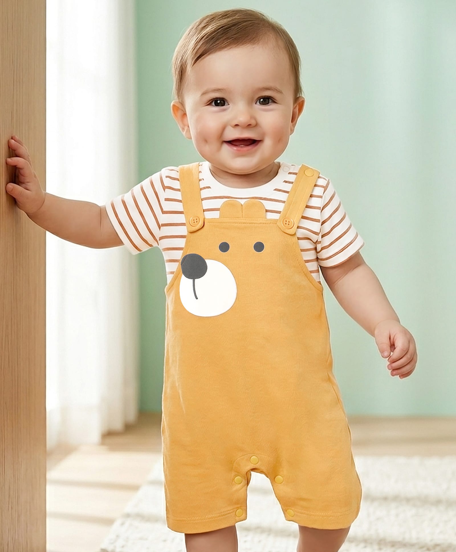 Babyoye 100% Cotton Interlock Knit Half Sleeves Striped Romper With Bear Print - Cream & Yellow-picture-4