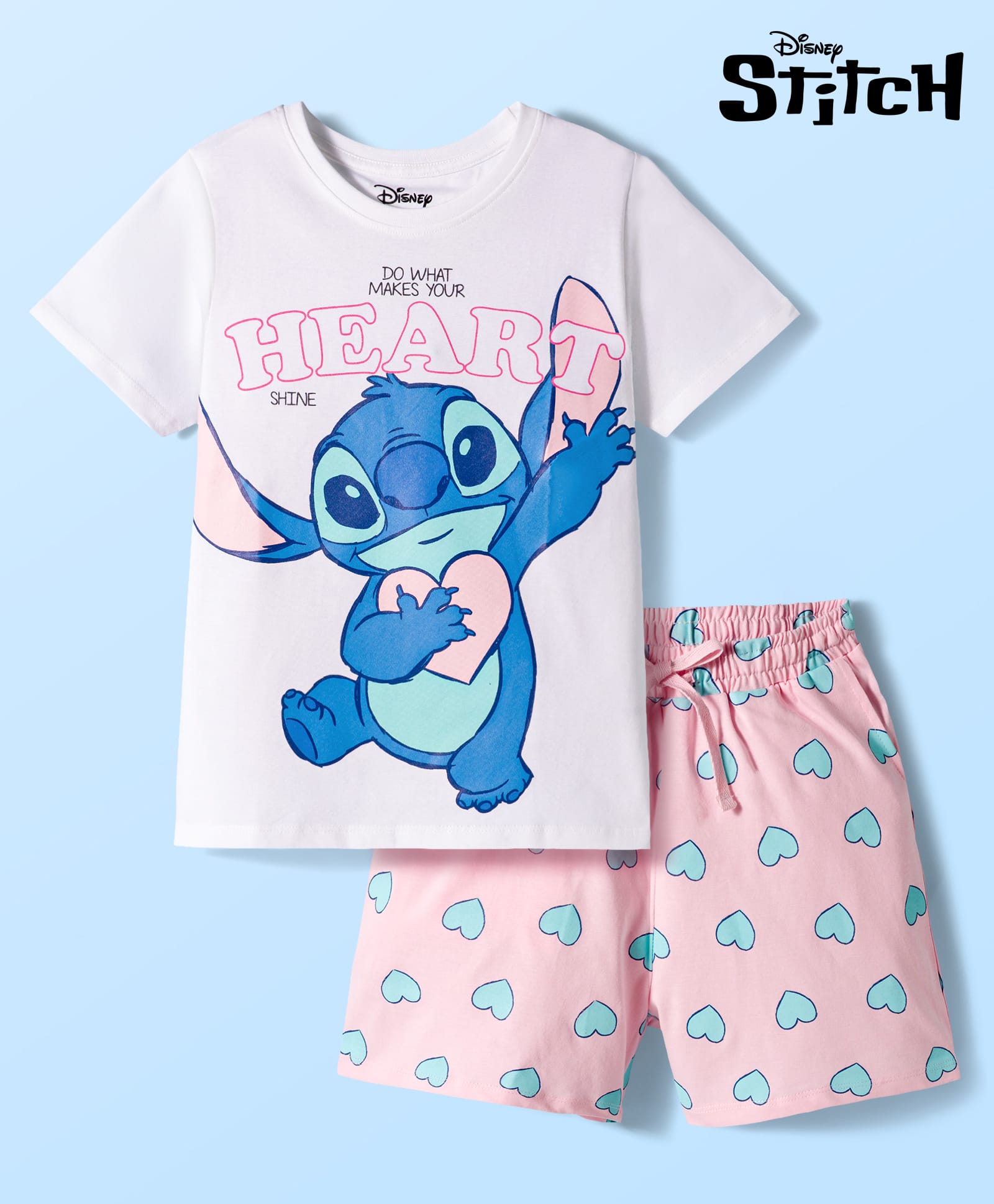 Pine Kids Disney Single Jersey Knit Half Sleeves T-Shirt & Shorts Night Suit With Stitch Graphics - Multicolor-picture-30