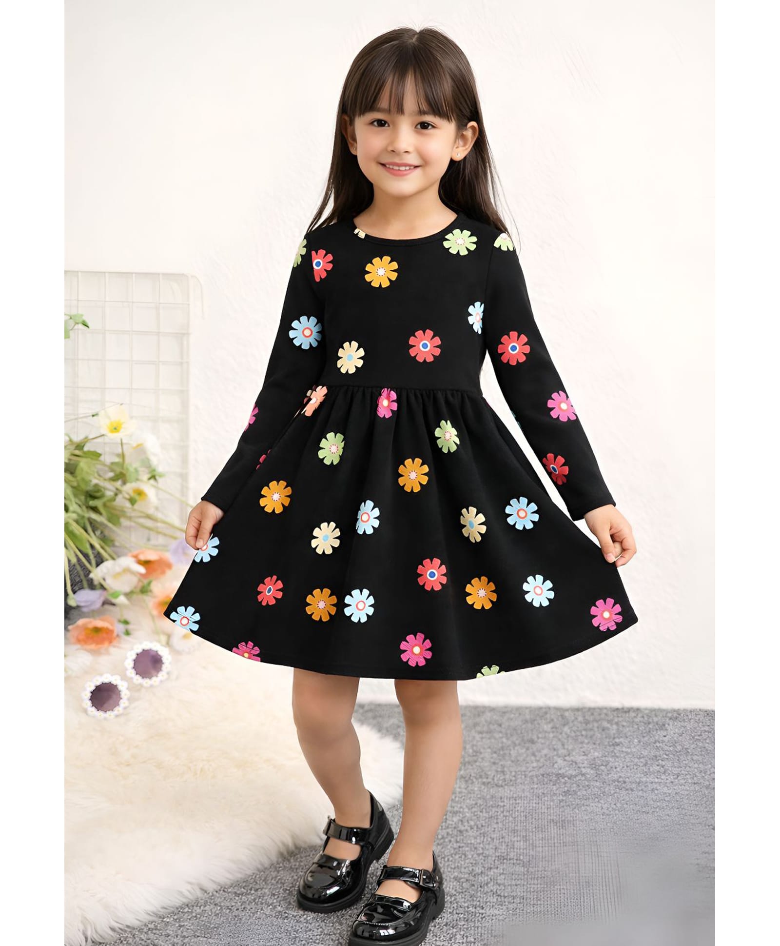 Bolly Lounge Cotton Blend Woven Full Sleeves Floral Printed Dress - Black