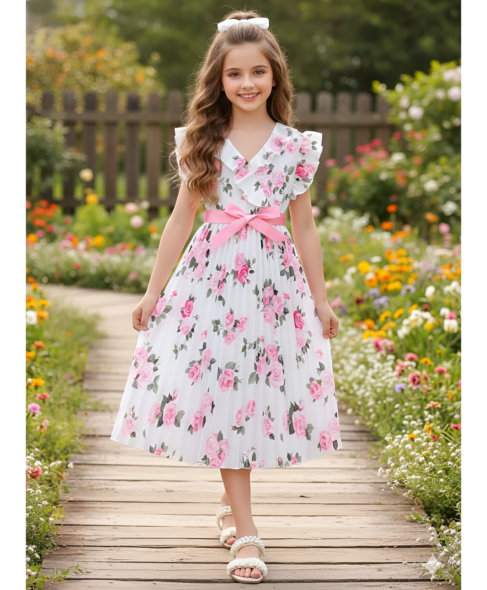 Bolly Lounge Cotton Blend Woven Frill Sleeves Floral Printed Bow Applique Detailed Dress - Pink-image-45