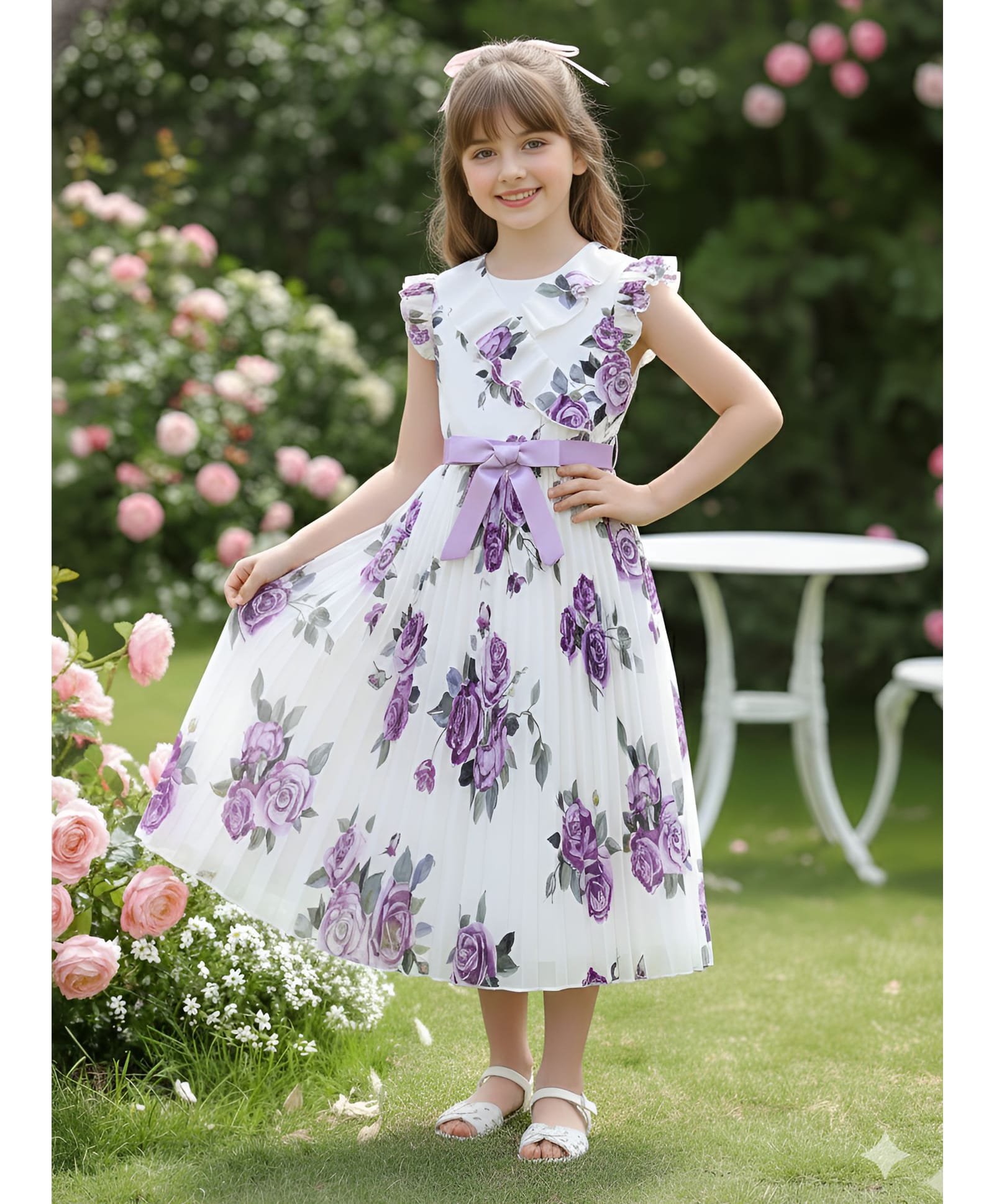 Bolly Lounge Cotton Blend Woven Frill Sleeves Floral Printed Bow Applique Detailed Dress - Purple