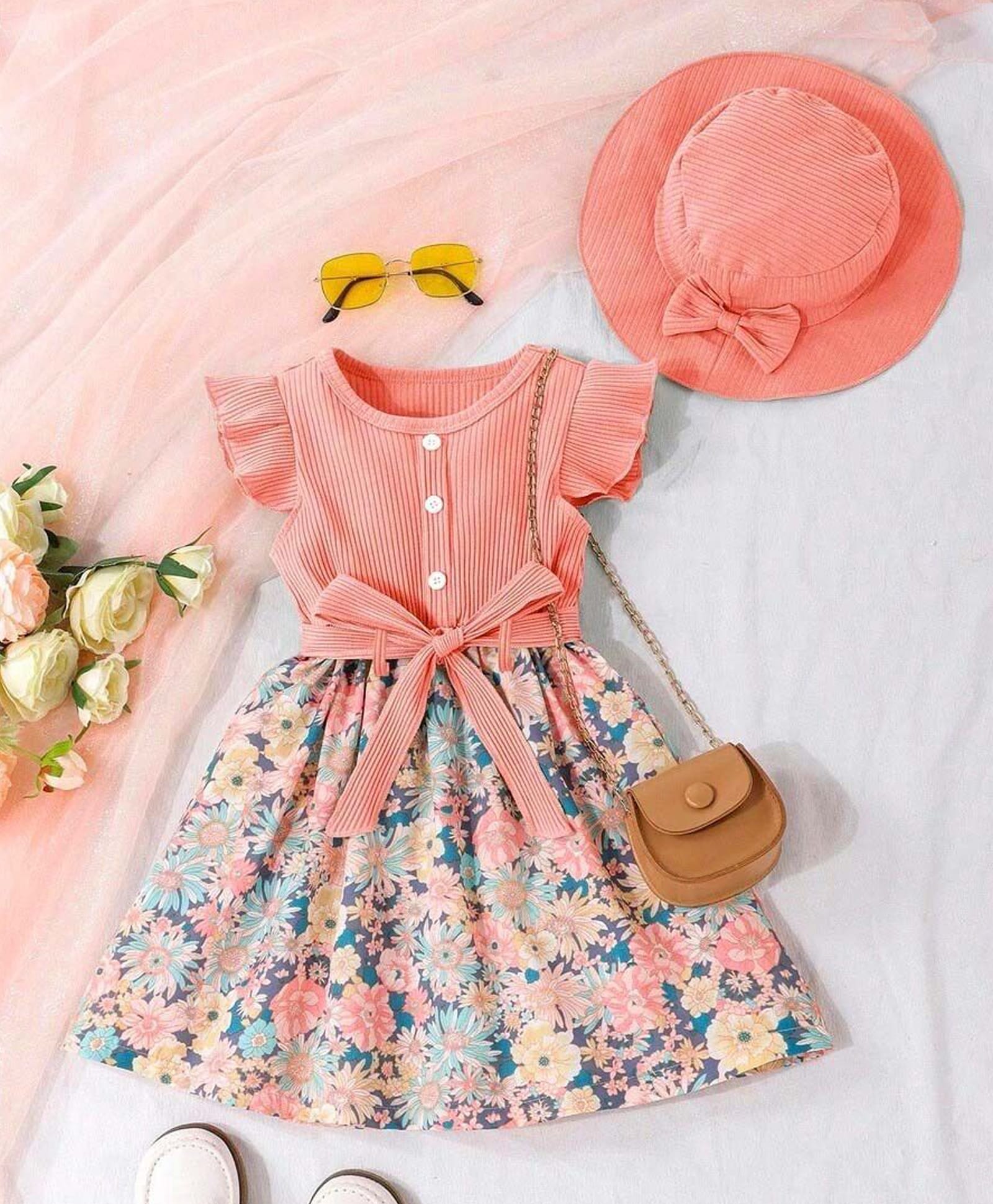 Bolly Lounge Cotton Blend Knit Half Frill Sleeves Floral Printed Dress - Peach-image-39