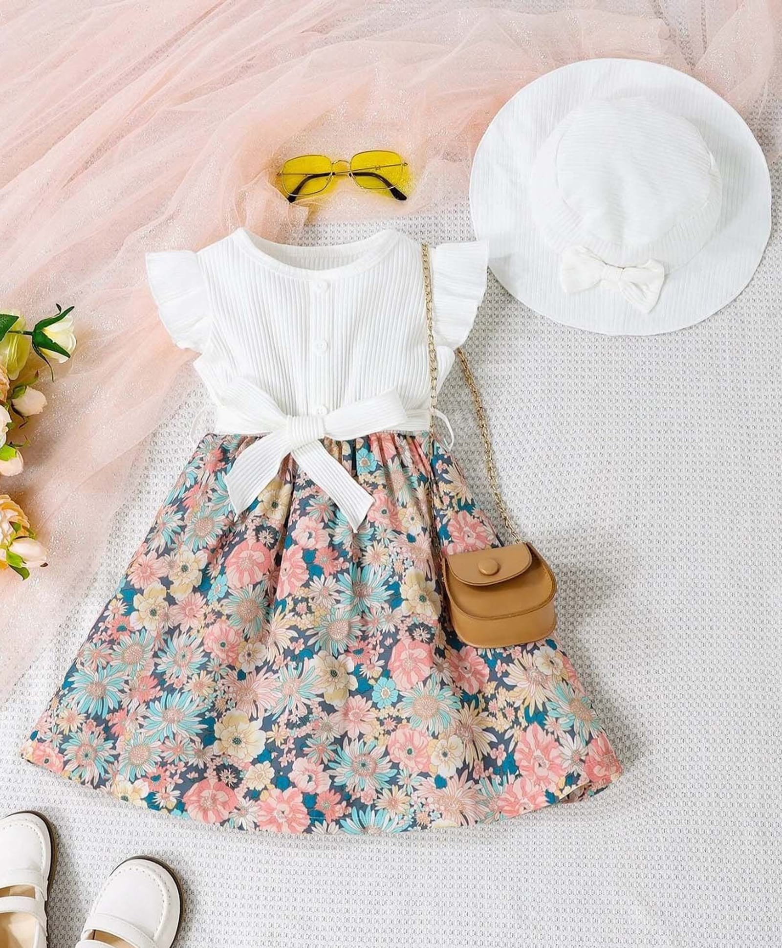 Bolly Lounge Cotton Blend Knit Half Frill Sleeves Floral Printed Dress - White-picture-15