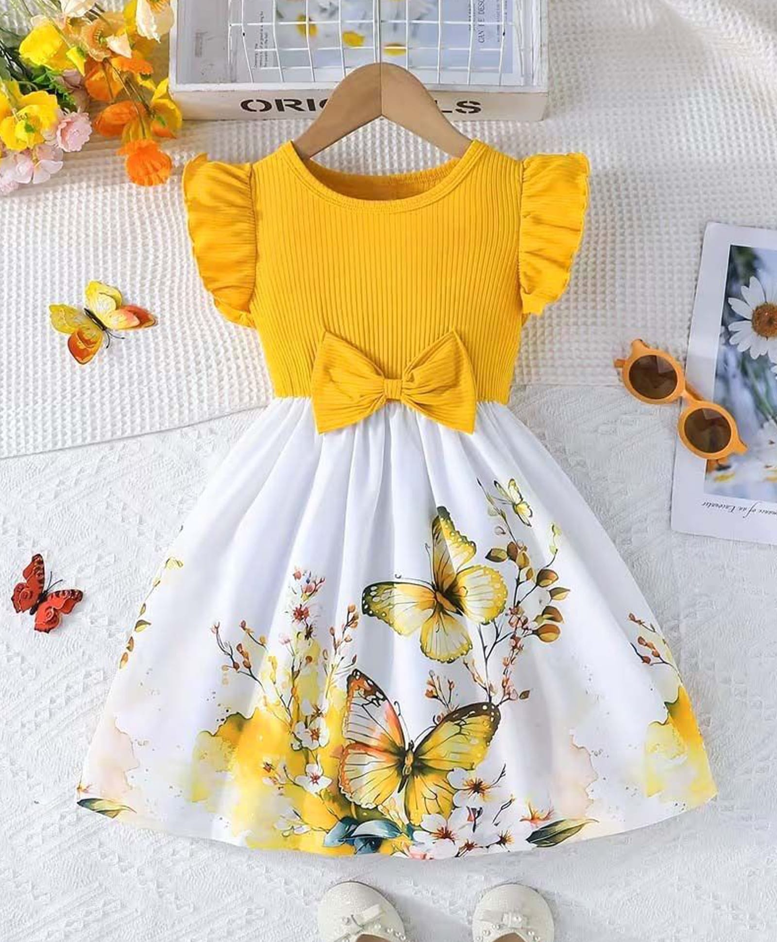 Bolly Lounge Cotton Blend Knit Sleeveless Frill Detailed Bow Applique Detailed Floral & Butterfly Printed Dress - Yellow