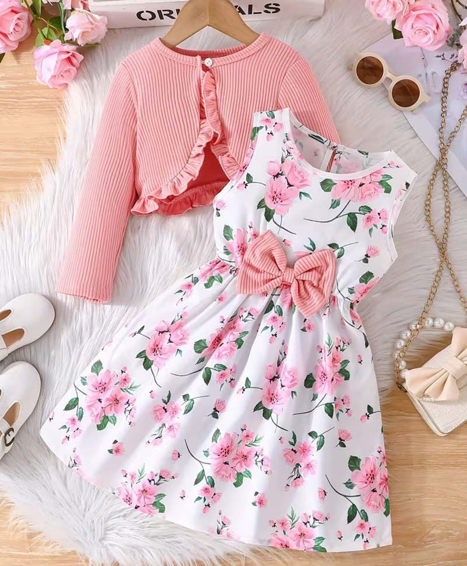 Bolly Lounge Cotton Blend Knit Floral Printed Dress With Full Sleeves Shrug - Peach-image-47