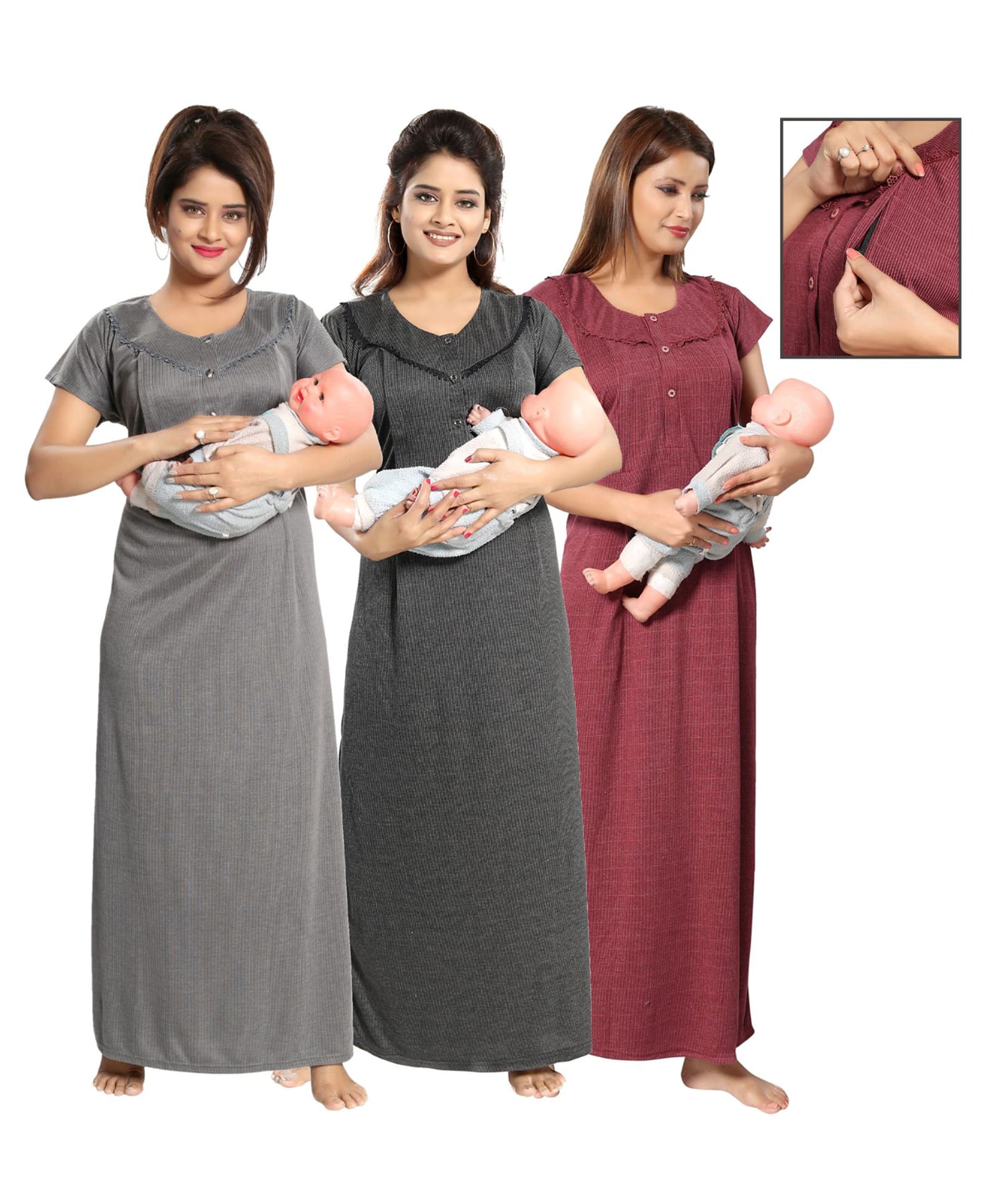 Fabme Woven Pack Of 3 Half Sleeves Striped Maternity Nighties With Side Zipper Nursing Access - Black Grey & Maroon-image-3