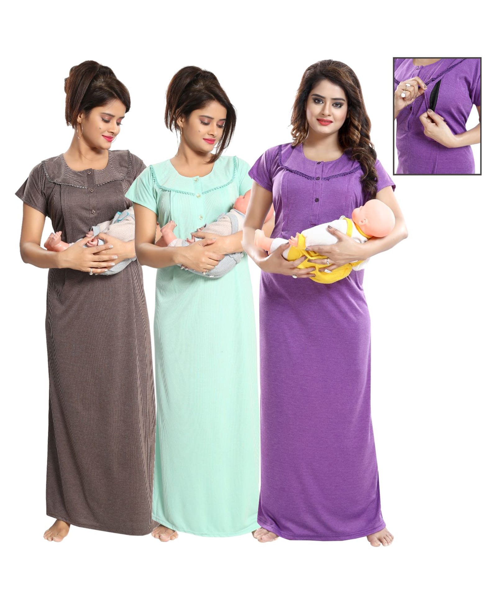Fabme Woven Pack Of 3 Half Sleeves Striped Maternity Nighties With Side Zipper Nursing Access - Chocolate Brown Green & Lavender-picture-41