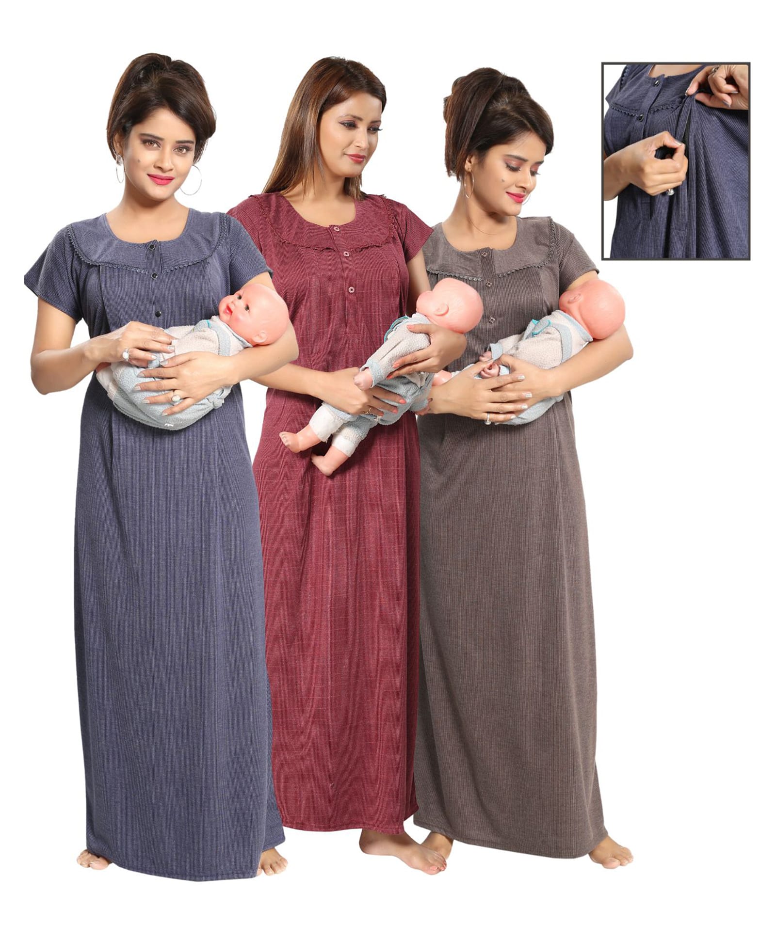 Fabme Woven Pack Of 3 Half Sleeves Striped Maternity Nighties With Side Zipper Nursing Access - Chocolate Brown Green & Lavender-picture-10