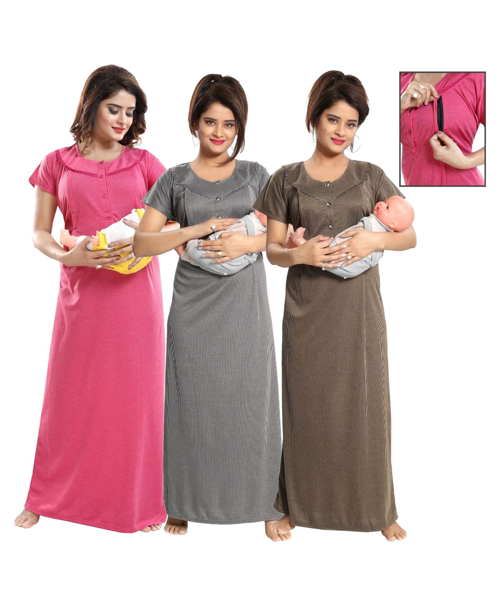 Fabme Woven Pack Of 3 Half Sleeves Striped Maternity Nighties With Side Zipper Nursing Access - Pink Grey & Mehendi Green-picture-38