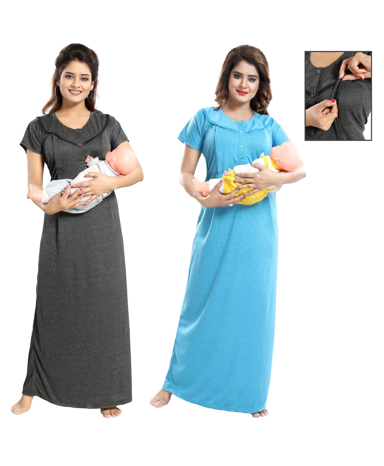 Fabme Woven Pack Of 2 Half Sleeves Textured Maternity Nighties With Side Zipper Nursing Access - Black & Green-image-48