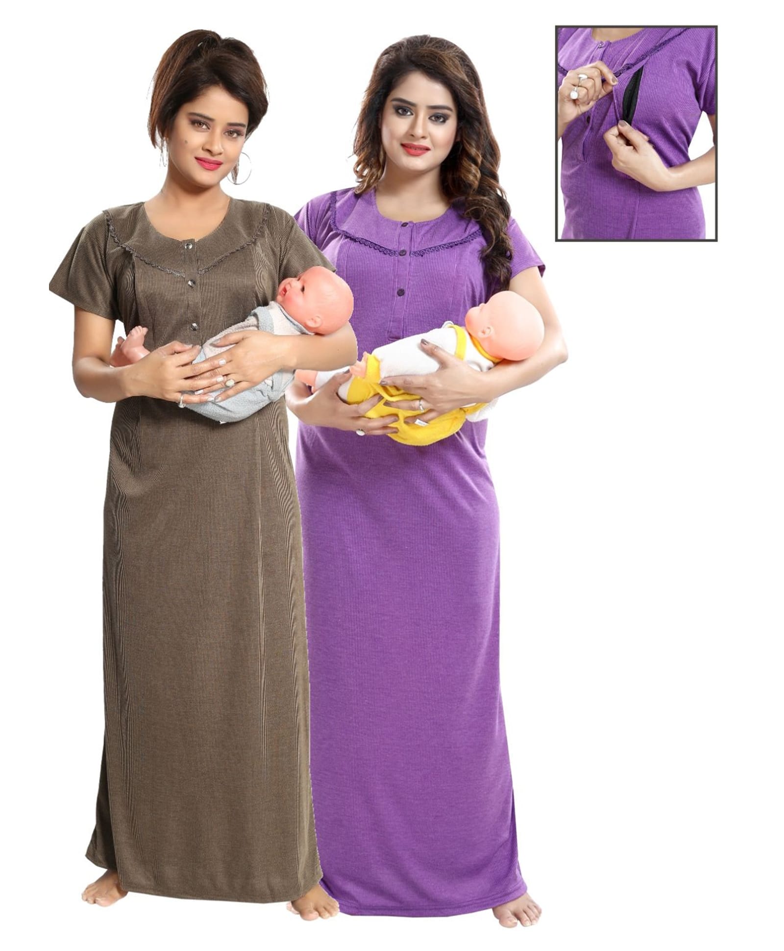 Fabme Woven Pack Of 2 Half Sleeves Textured Maternity Nighties With Side Zipper Nursing Access - Lavender & Mehendi-image-49