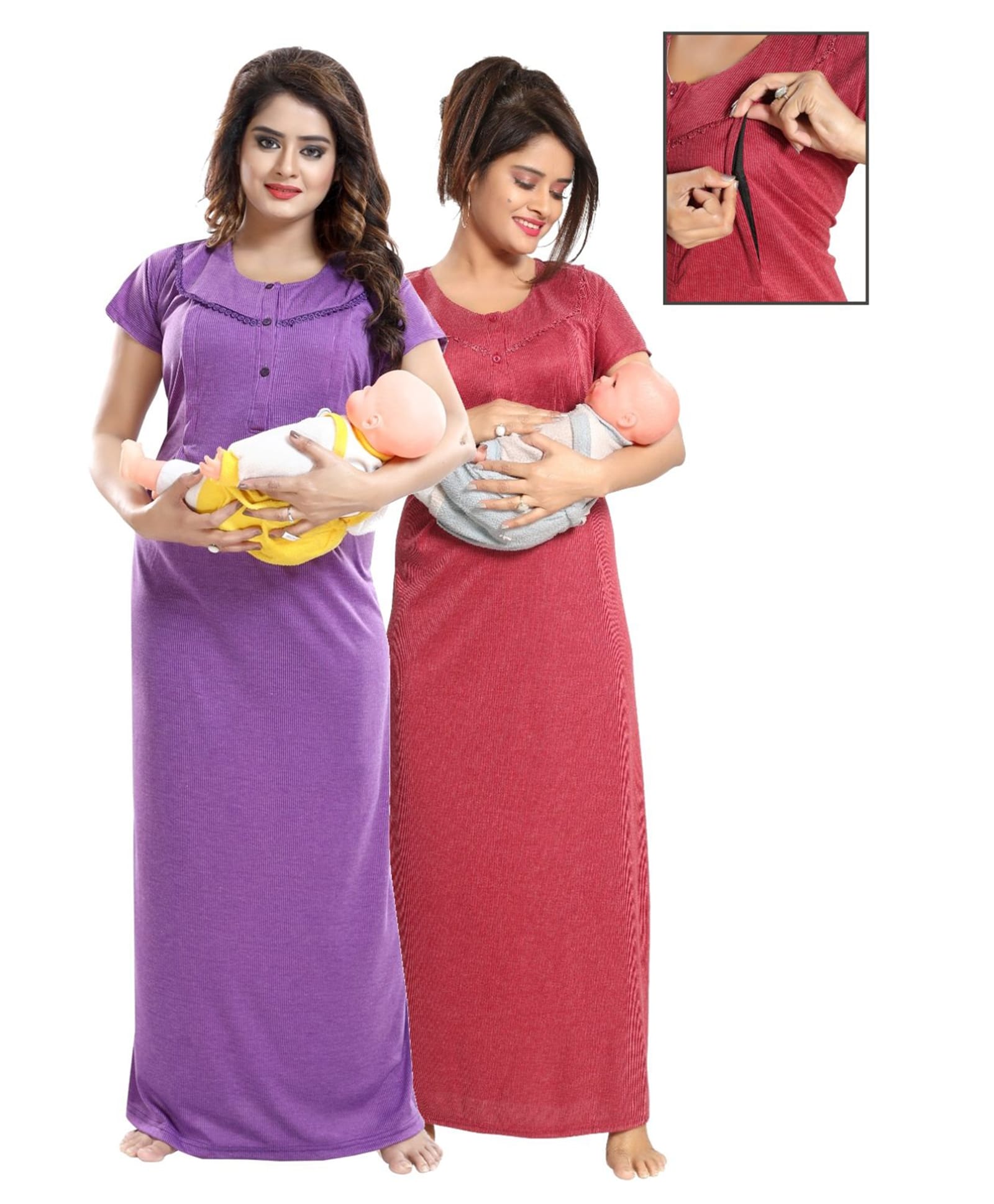 Fabme Woven Pack Of 2 Half Sleeves Textured Maternity Nighties With Side Zipper Nursing Access - Lavender & Mehendi-image-5