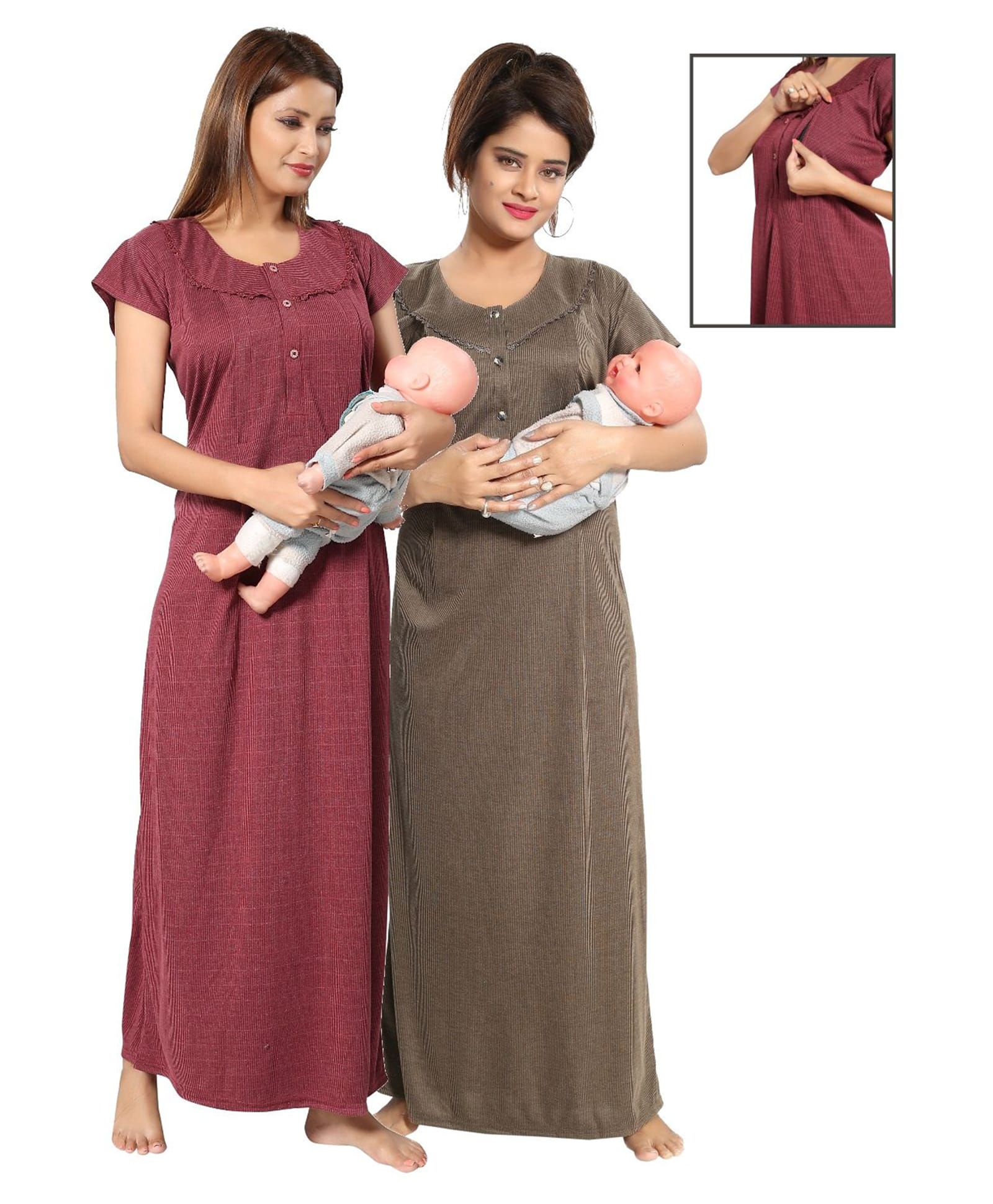 Fabme Polycotton Pack Of 2 Half Sleeves Stripes Textured Solid Maternity Night Dress Concealed Zipper Nursing Access - Maroon & Grey-image-1