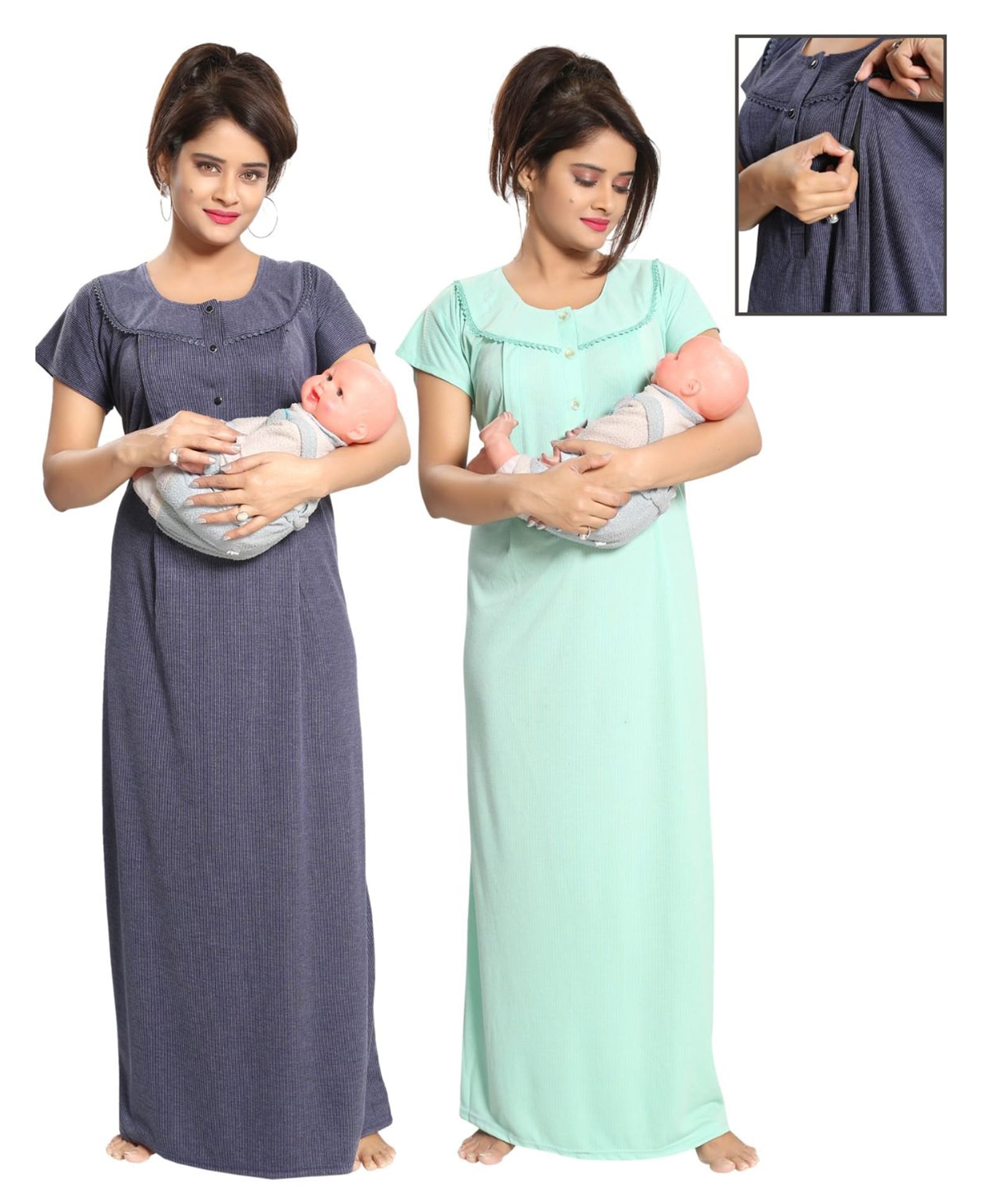 Fabme Polycotton Pack Of 2 Half Sleeves Stripes Textured Solid Maternity Night Dress Concealed Zipper Nursing Access - Blue & Green-image-31